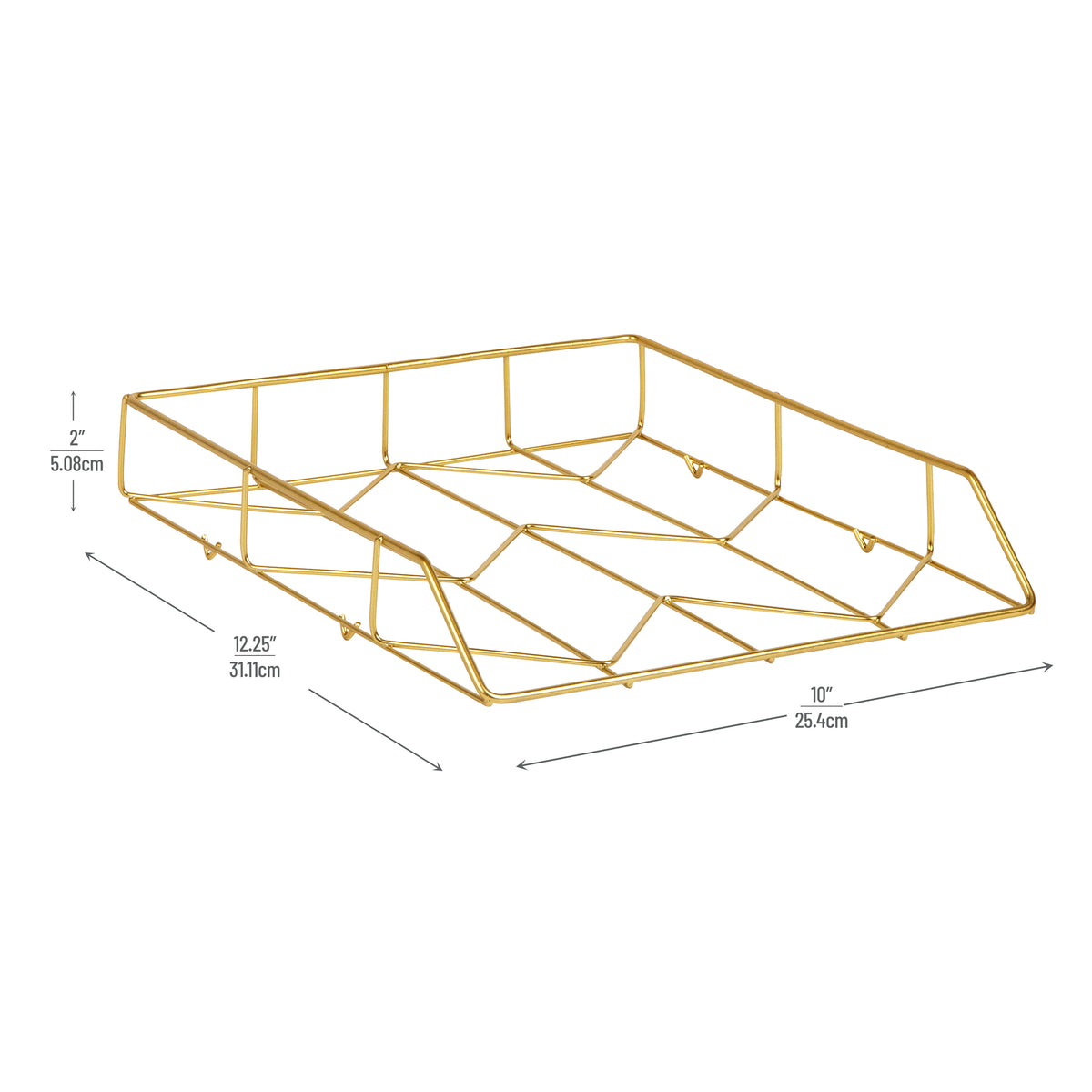 Mind Reader Gold Geometric Paper Tray, Modern Organizer for Documents, Folders, and Office Supplies, Durable and Stylish, Metal, 10"L x 12.25"W x 2"H, Gold