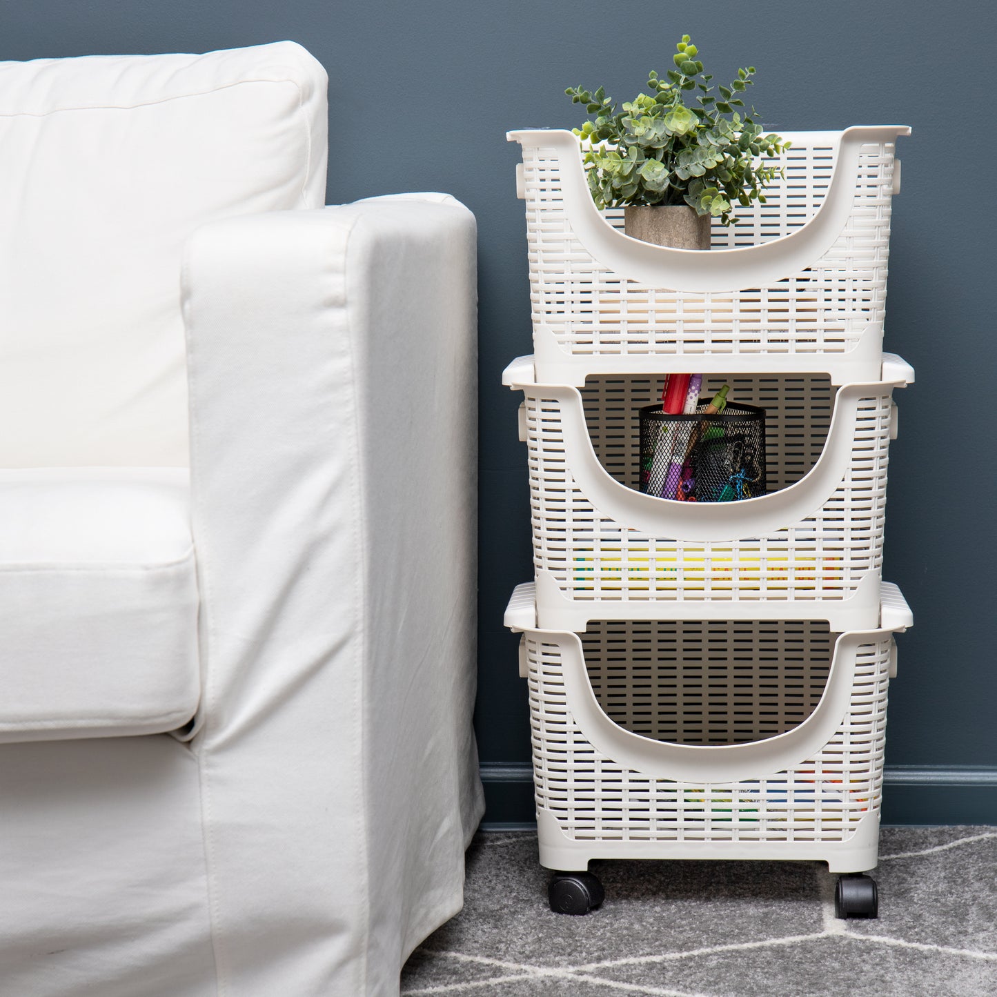 Mind Reader Plastic Storage Cart, Kitchen Storage, Rolling, Toy Storage, Laundry, Kitchen, 14.75"L x 11"W x 28.25"H, Ivory