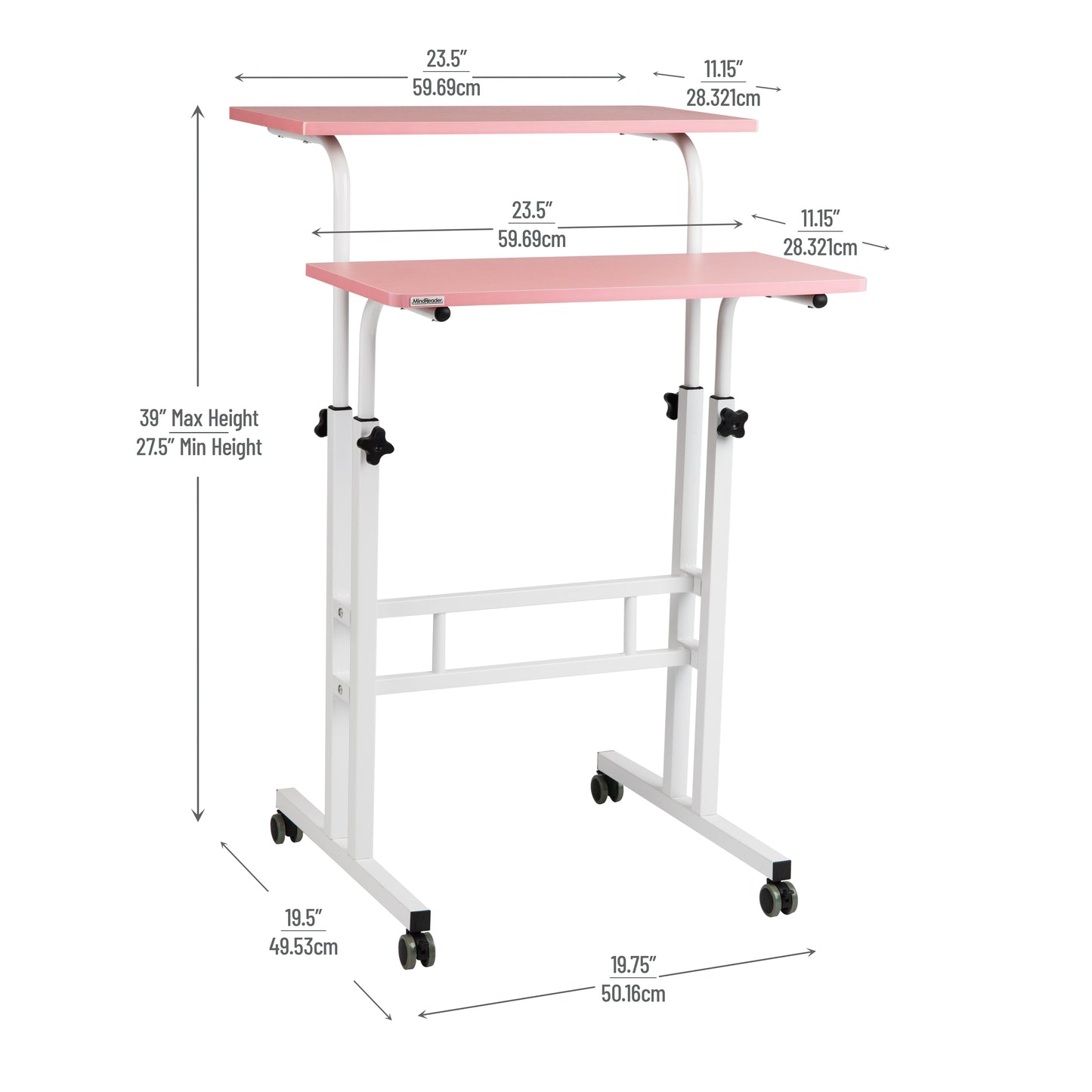 Mind Reader Standing Desk, Adjustable Height Laptop Workstation, Portable Rolling Desk on Wheels, Two-Tier Metal Frame