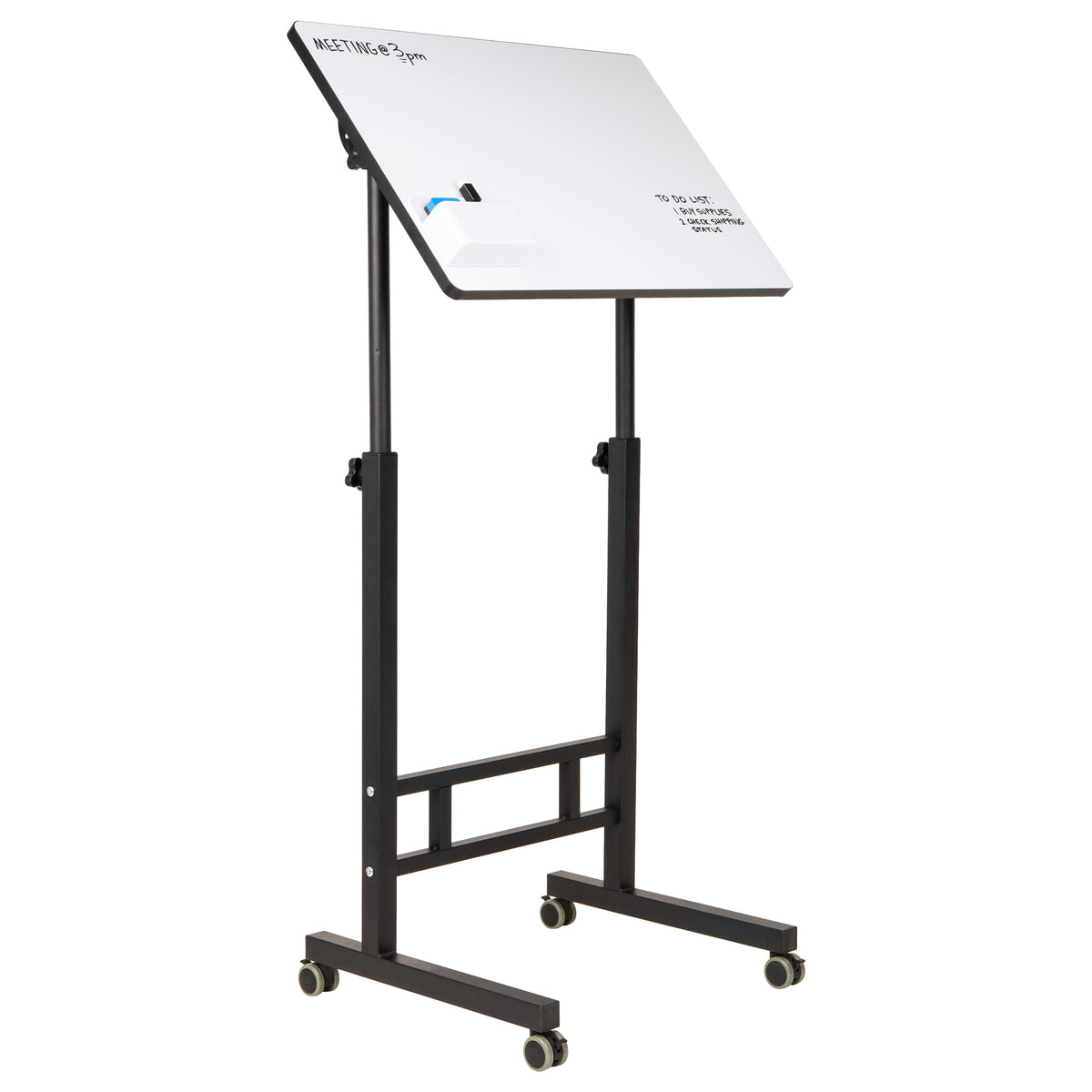 Mind Reader Standing Whiteboard Desk with Adjustable Height, Rolling Laptop Workstation with Magnetic Writing Surface and Accessories, Sit or Stand Portable Workstation, White