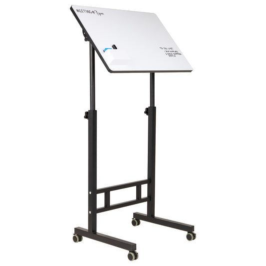 Mind Reader Standing Whiteboard Desk with Adjustable Height, Rolling Laptop Workstation with Magnetic Writing Surface and Accessories, Sit or Stand Portable Workstation, White