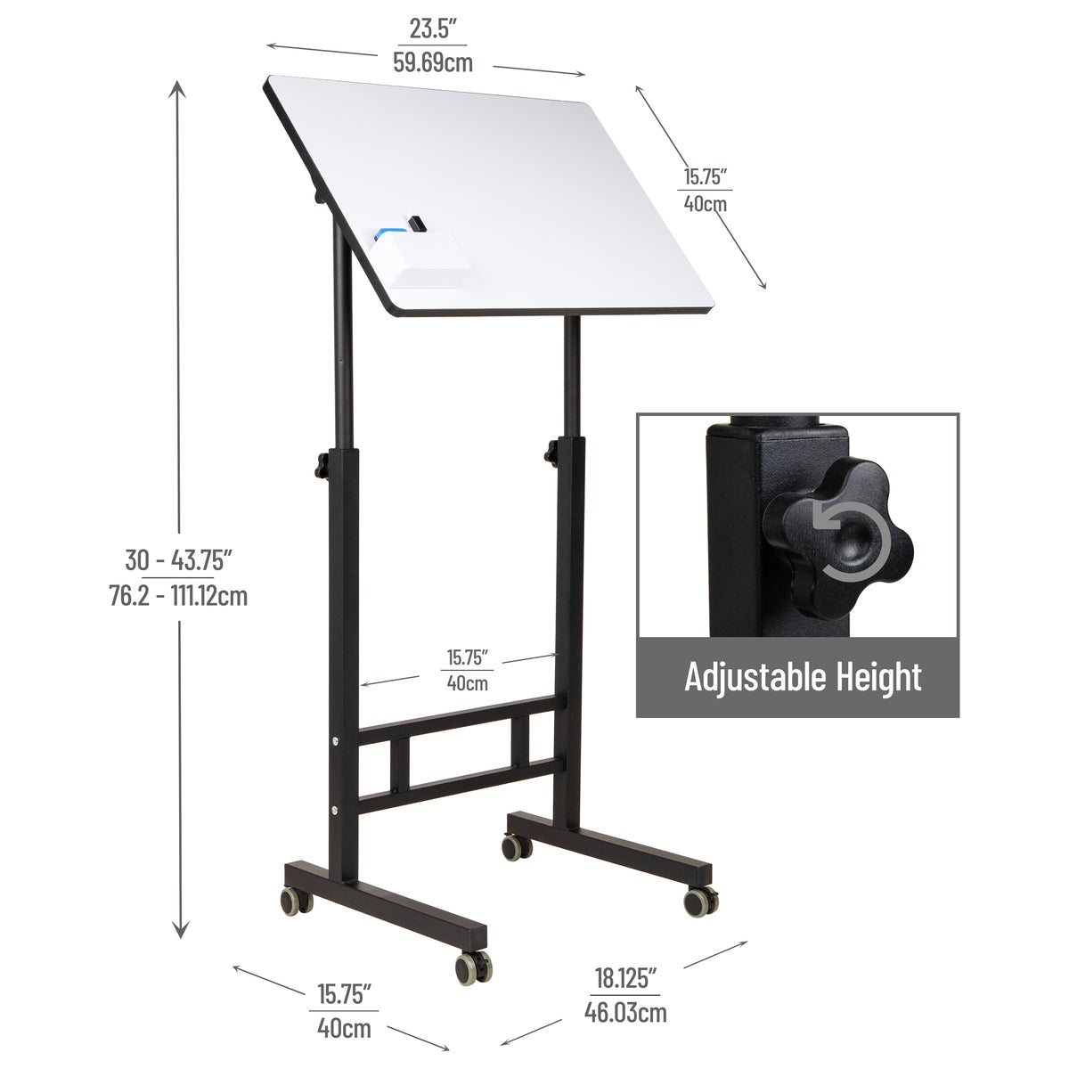 Mind Reader Standing Whiteboard Desk with Adjustable Height, Rolling Laptop Workstation with Magnetic Writing Surface and Accessories, Sit or Stand Portable Workstation, White