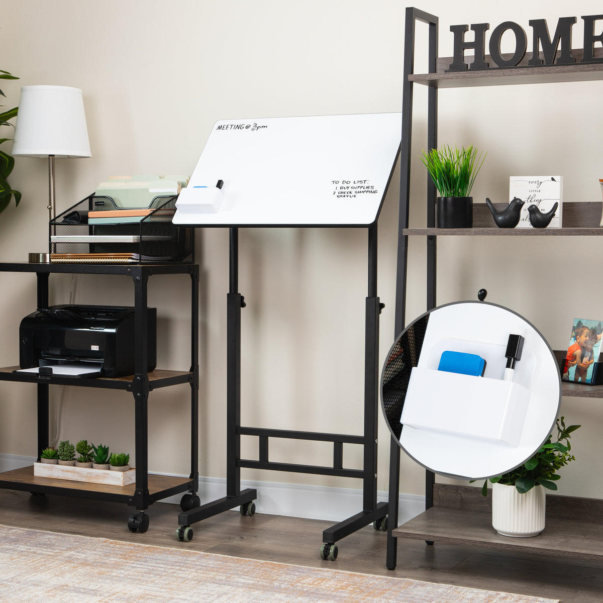 Mind Reader Standing Whiteboard Desk with Adjustable Height, Rolling Laptop Workstation with Magnetic Writing Surface and Accessories, Sit or Stand Portable Workstation, White