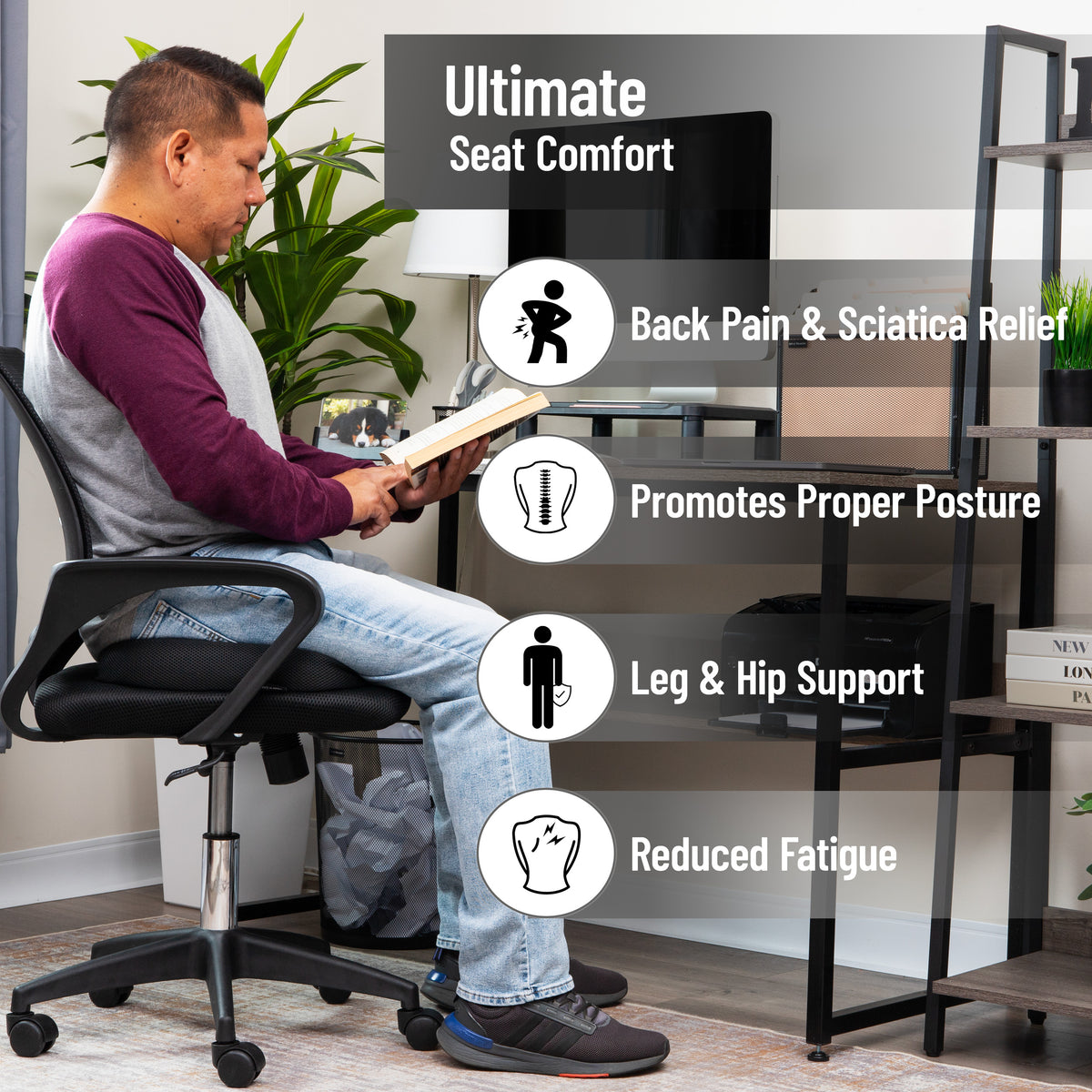 Mind Reader Memory Foam Seat Cushion with Air-Cloud Technology, Ergonomic Pressure Relief for Office Chair, Car, or Wheelchair, Sciatica, Coccyx, Tailbone & Hip Pain Support, Office, Memory Foam, 18"L x 13.5"W x 2.75"H