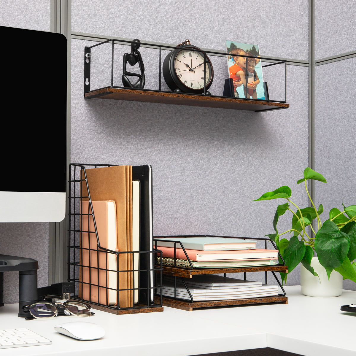 Mind Reader Desktop Shelf for Office Organization and Display, Mounting Hardware Included, Metal and Wood, Brown