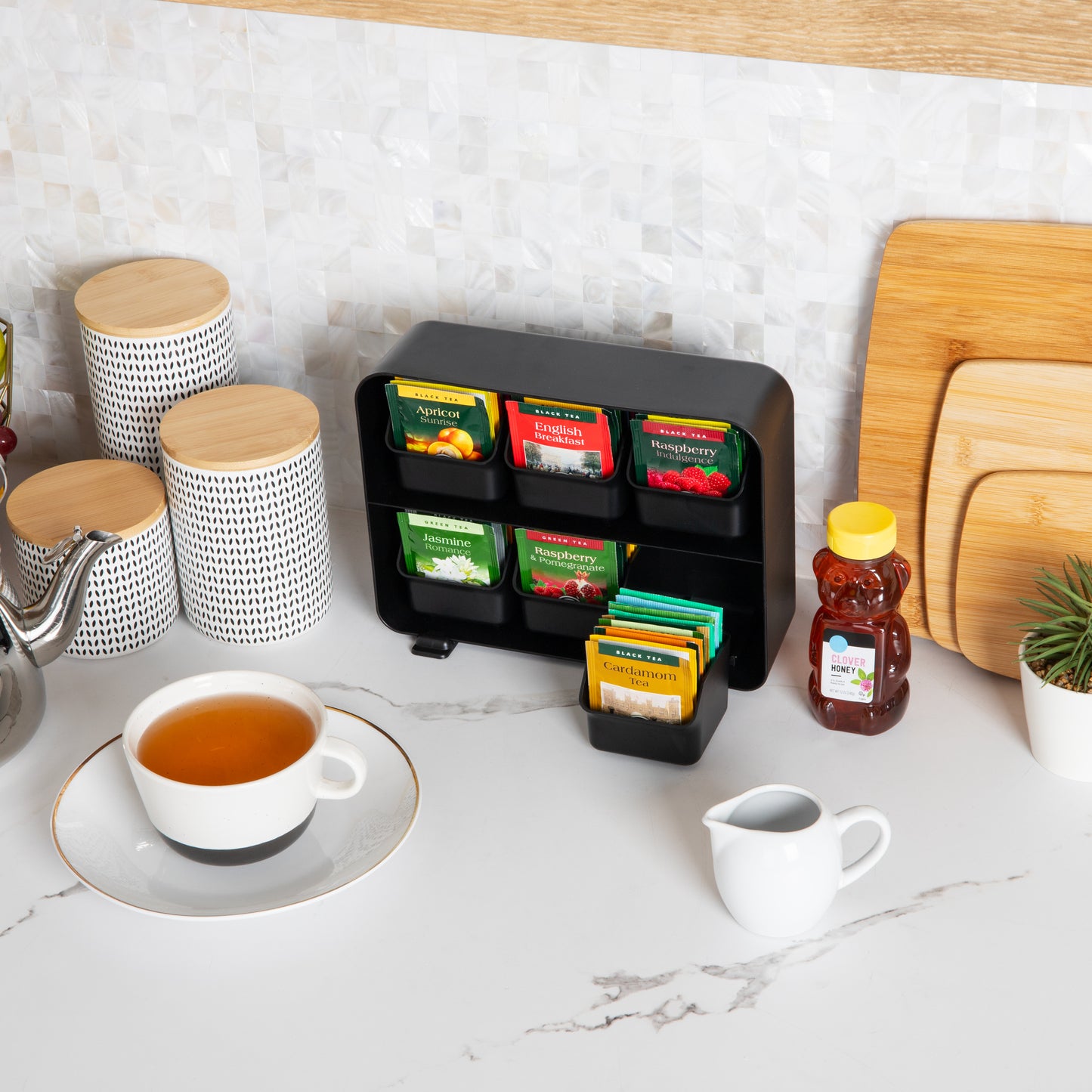 Mind Reader Tea Bag Organizer, Tea Station Organizer, Countertop Storage, Kitchen, Plastic, 10.25"L x 3.25"W x 7.75"H, Black