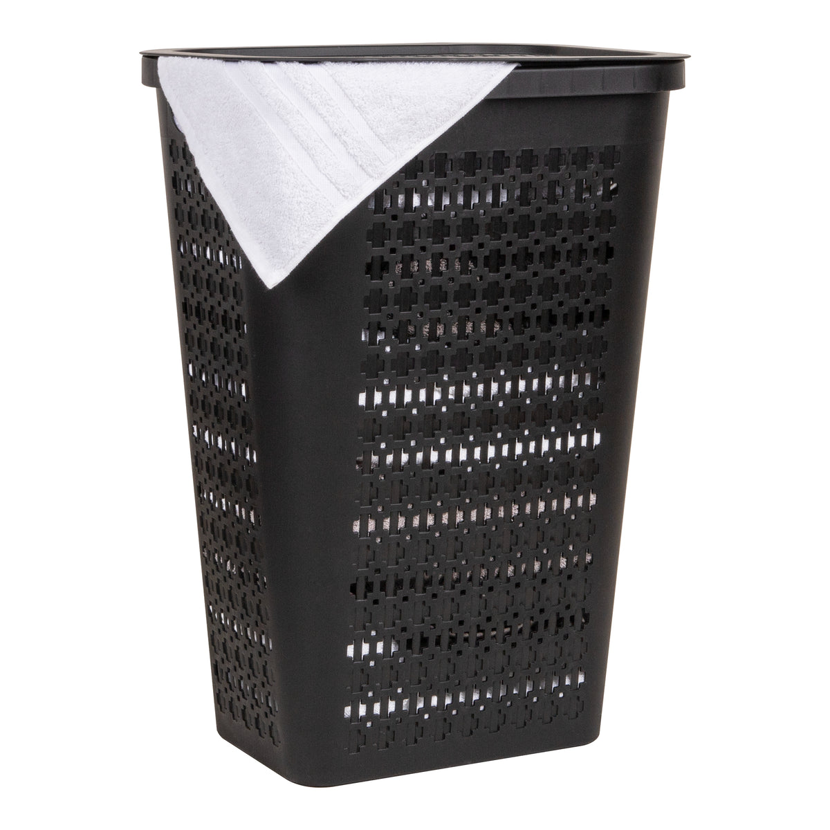 Mind Reader Slim Tapered Laundry Hamper with Lid, 50L Plastic Clothes Basket with Swiss Cross Cut-Outs, Lightweight & Ventilated Laundry Bin with Handles