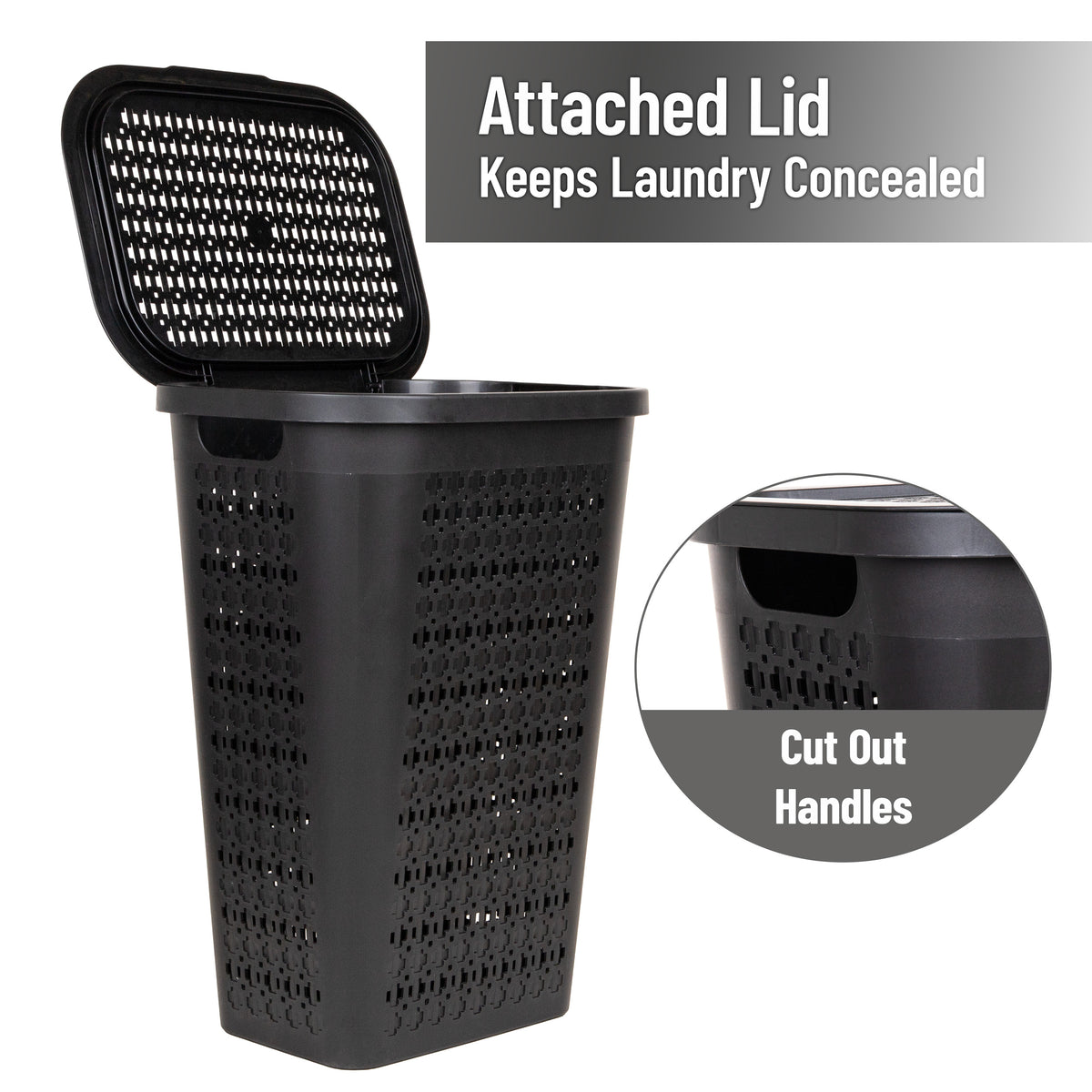 Mind Reader Slim Tapered Laundry Hamper with Lid, 50L Plastic Clothes Basket with Swiss Cross Cut-Outs, Lightweight & Ventilated Laundry Bin with Handles