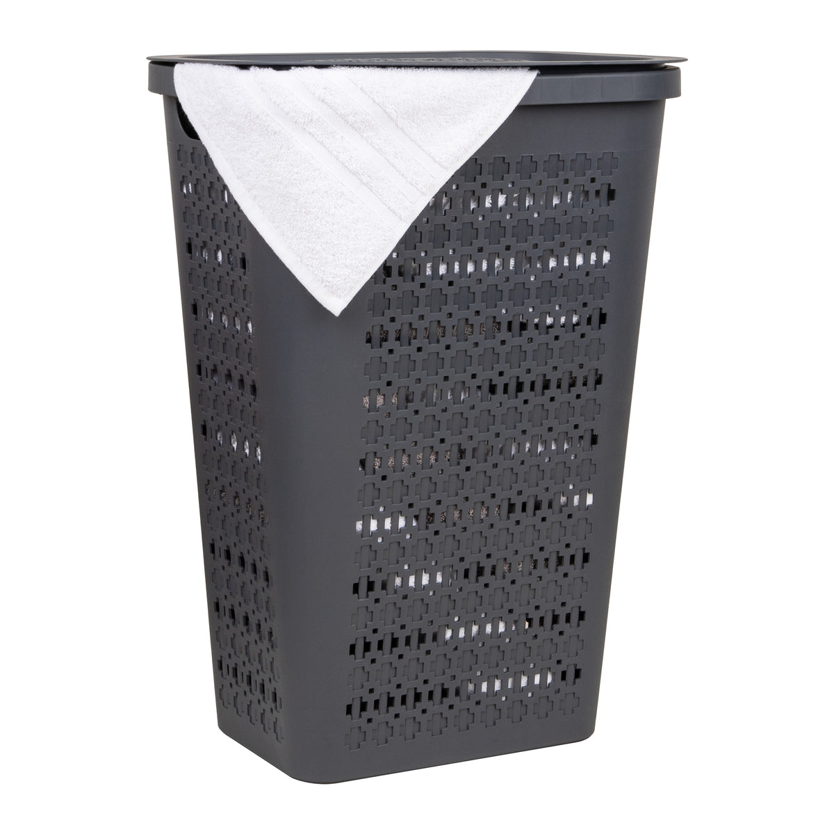 Mind Reader Slim Tapered Laundry Hamper with Lid, 50L Plastic Clothes Basket with Swiss Cross Cut-Outs, Lightweight & Ventilated Laundry Bin with Handles