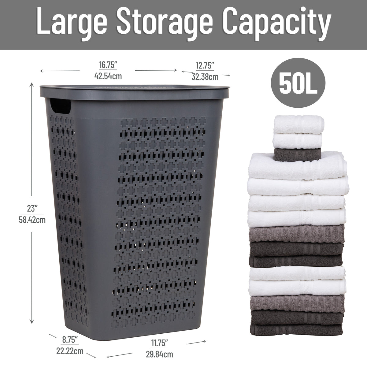 Mind Reader Slim Tapered Laundry Hamper with Lid, 50L Plastic Clothes Basket with Swiss Cross Cut-Outs, Lightweight & Ventilated Laundry Bin with Handles