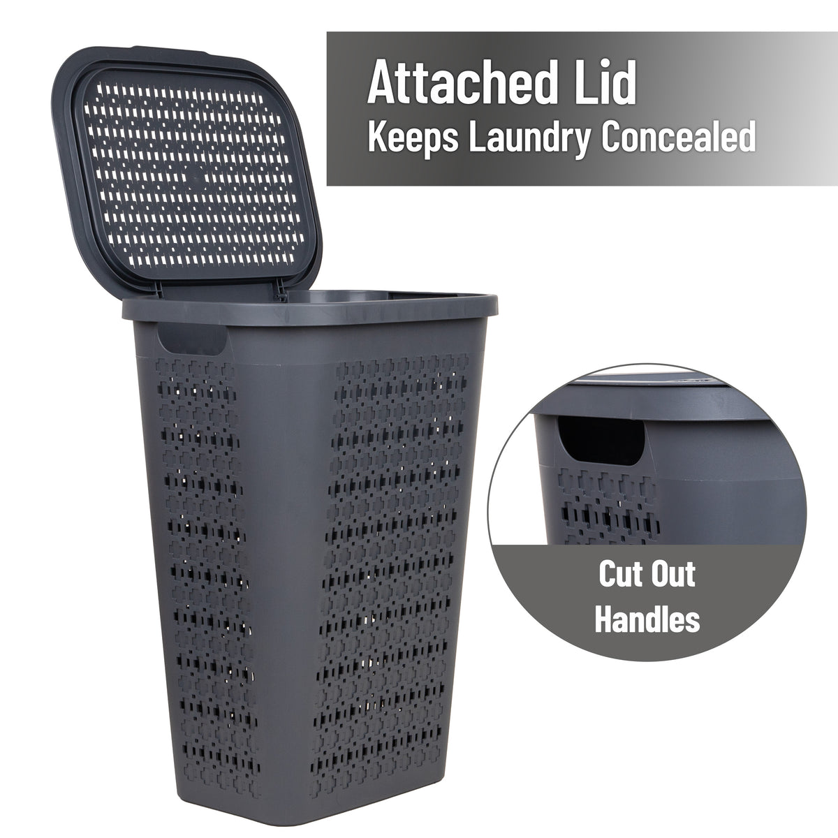 Mind Reader Slim Tapered Laundry Hamper with Lid, 50L Plastic Clothes Basket with Swiss Cross Cut-Outs, Lightweight & Ventilated Laundry Bin with Handles