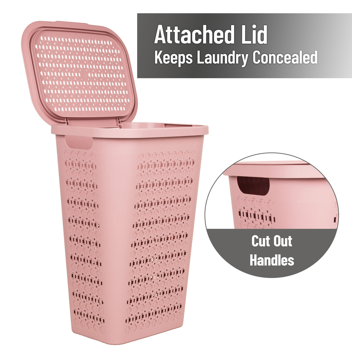 Mind Reader Slim Tapered Laundry Hamper with Lid, 50L Plastic Clothes Basket with Swiss Cross Cut-Outs, Lightweight & Ventilated Laundry Bin with Handles