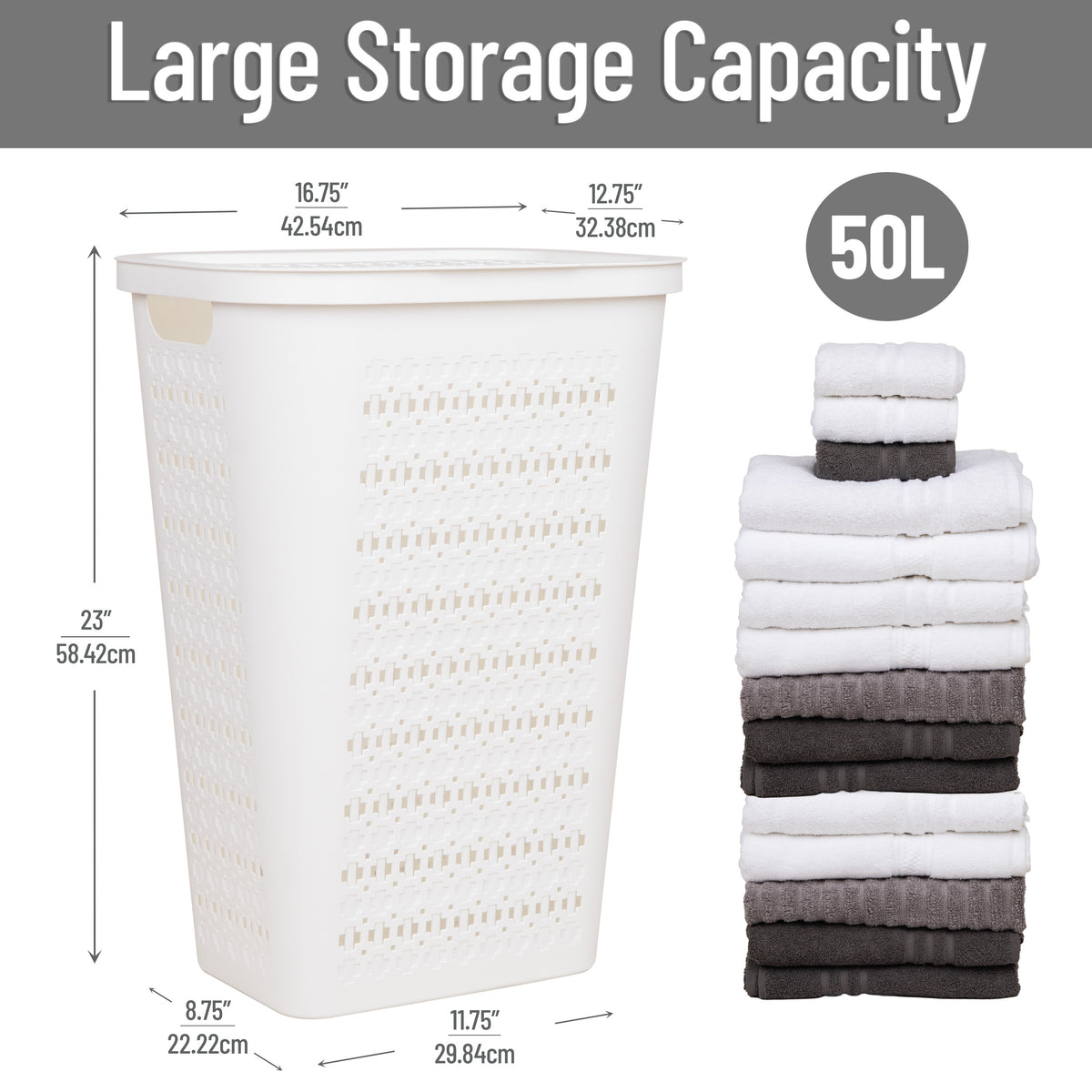 Mind Reader Slim Tapered Laundry Hamper with Lid, 50L Plastic Clothes Basket with Swiss Cross Cut-Outs, Lightweight & Ventilated Laundry Bin with Handles