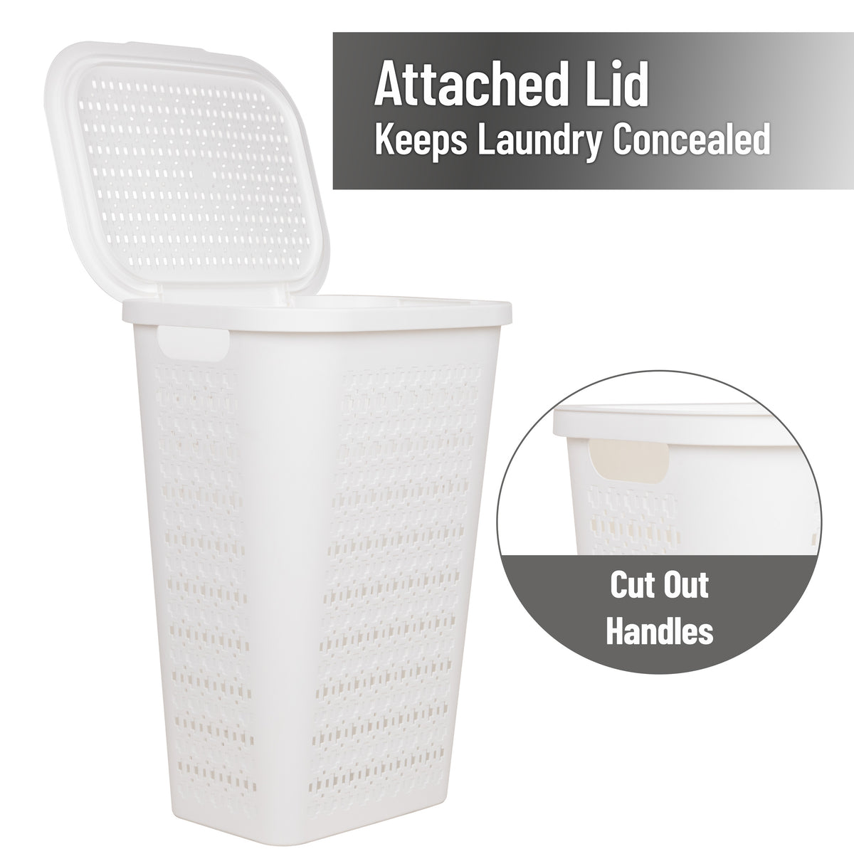 Mind Reader Slim Tapered Laundry Hamper with Lid, 50L Plastic Clothes Basket with Swiss Cross Cut-Outs, Lightweight & Ventilated Laundry Bin with Handles