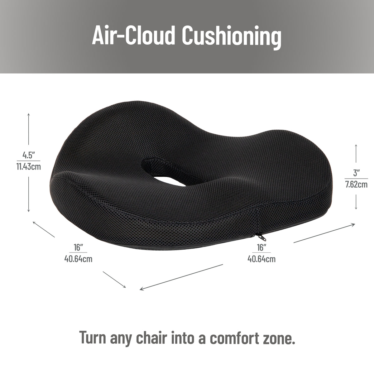 Mind Reader Donut Pillow with Air-Cloud Technology, Ergonomic Memory Foam Seat Cushion for Tailbone, Hemorrhoid, Pregnancy & Lower Back Pain Relief, Washable Cover, Black
