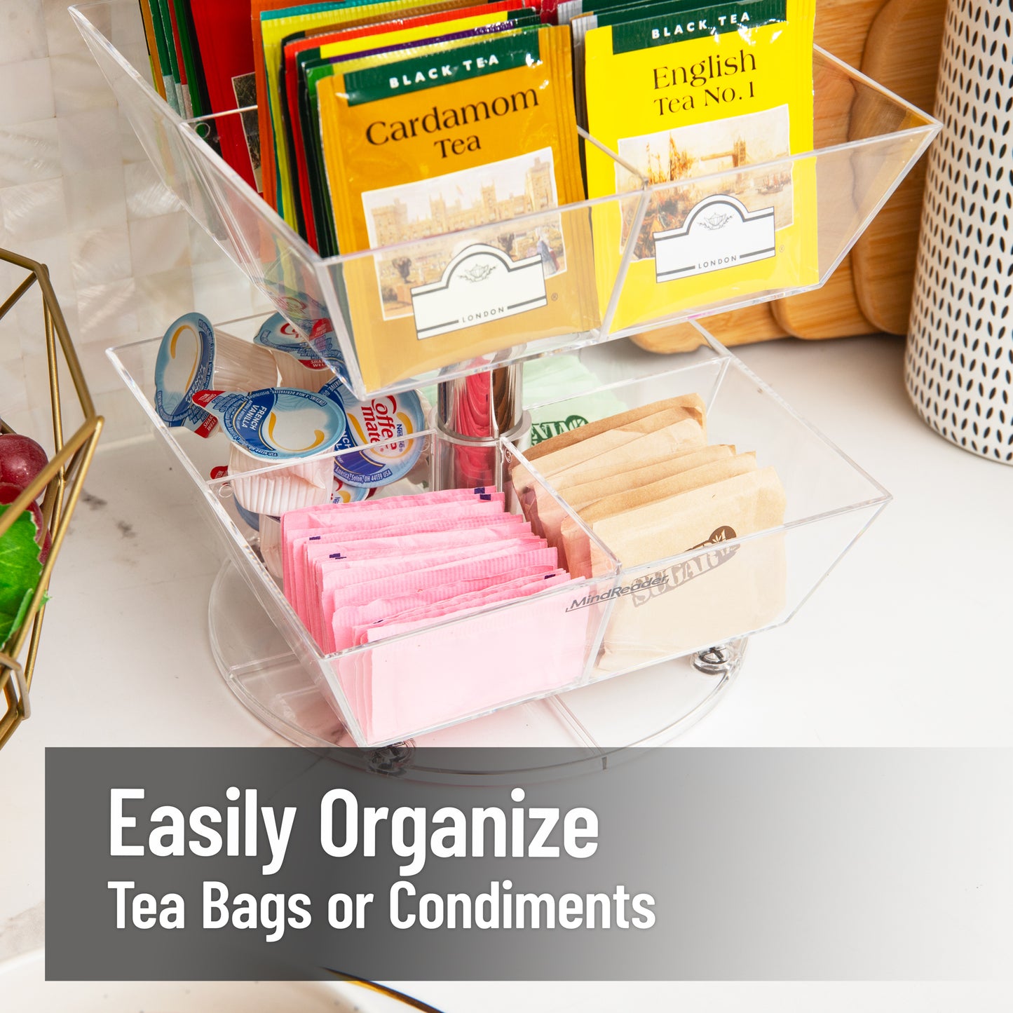 Mind Reader Mind Reader Tea Bag Carousel, 3 Tier Clear Acrylic Organizer with 12 Compartments, 360° Rotating Tea Station for Countertop Storage