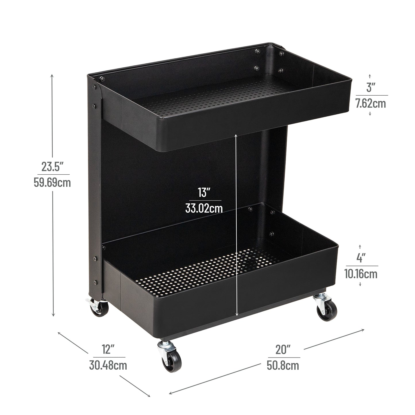 Mind Reader Under Desk Rolling Cart, 2-Tier Steel Utility Organizer, No Assembly Required, 12"L x 20"W x 23.5"H, Black