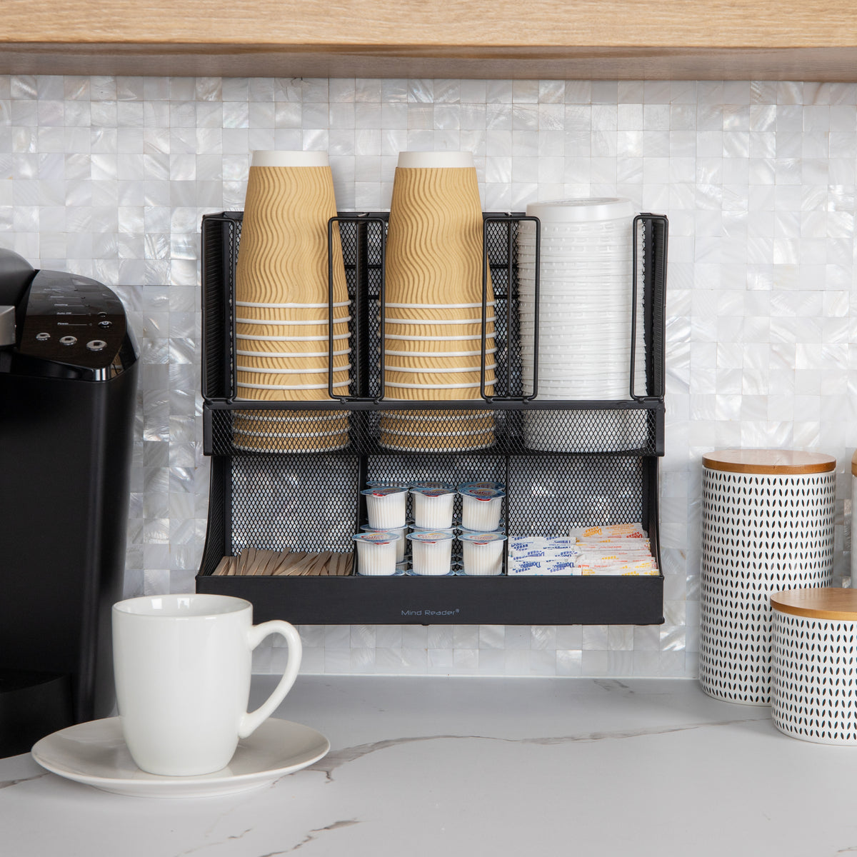 Mind Reader Multipurpose Countertop Organizer, Office Breakrooms, Cup and Condiment Station, Metal Mesh, Black