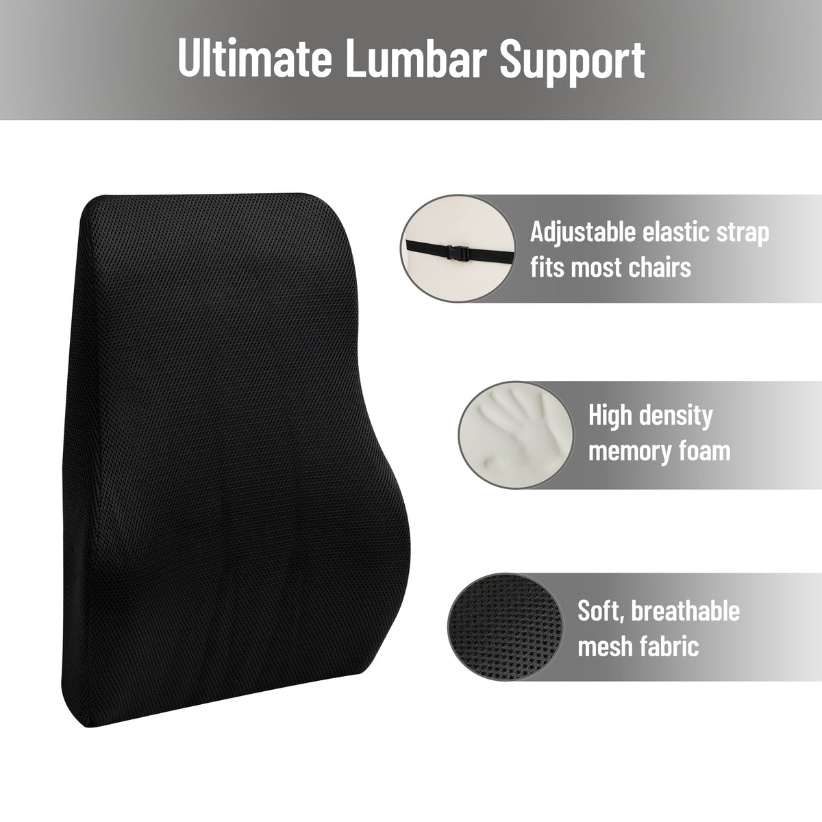 Mind Reader Lumbar Support Cushion for Office Chair and Car Seat, Memory Foam, Back Pain Relief, Improves Posture, 14.5"L x 5"W x 18.5"H