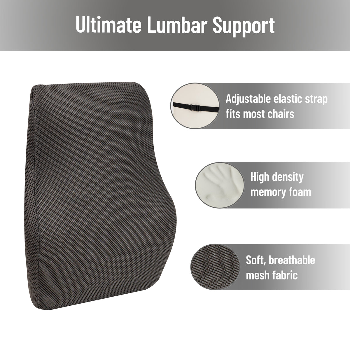 Mind Reader Lumbar Support Cushion for Office Chair and Car Seat, Memory Foam, Back Pain Relief, Improves Posture, 14.5"L x 5"W x 18.5"H