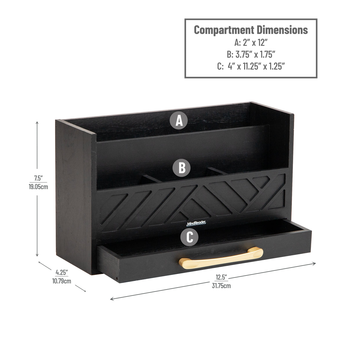 Mind Reader 5-Compartment Desktop Organizer, Rustic Wooden Storage Rack with Drawer for Papers, Accessories, and Office Supplies, 12.5"L x 4.25"W x 7.5"H, Black