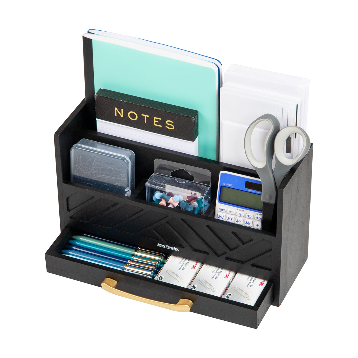 Mind Reader 5-Compartment Desktop Organizer, Rustic Wooden Storage Rack with Drawer for Papers, Accessories, and Office Supplies, 12.5"L x 4.25"W x 7.5"H, Black