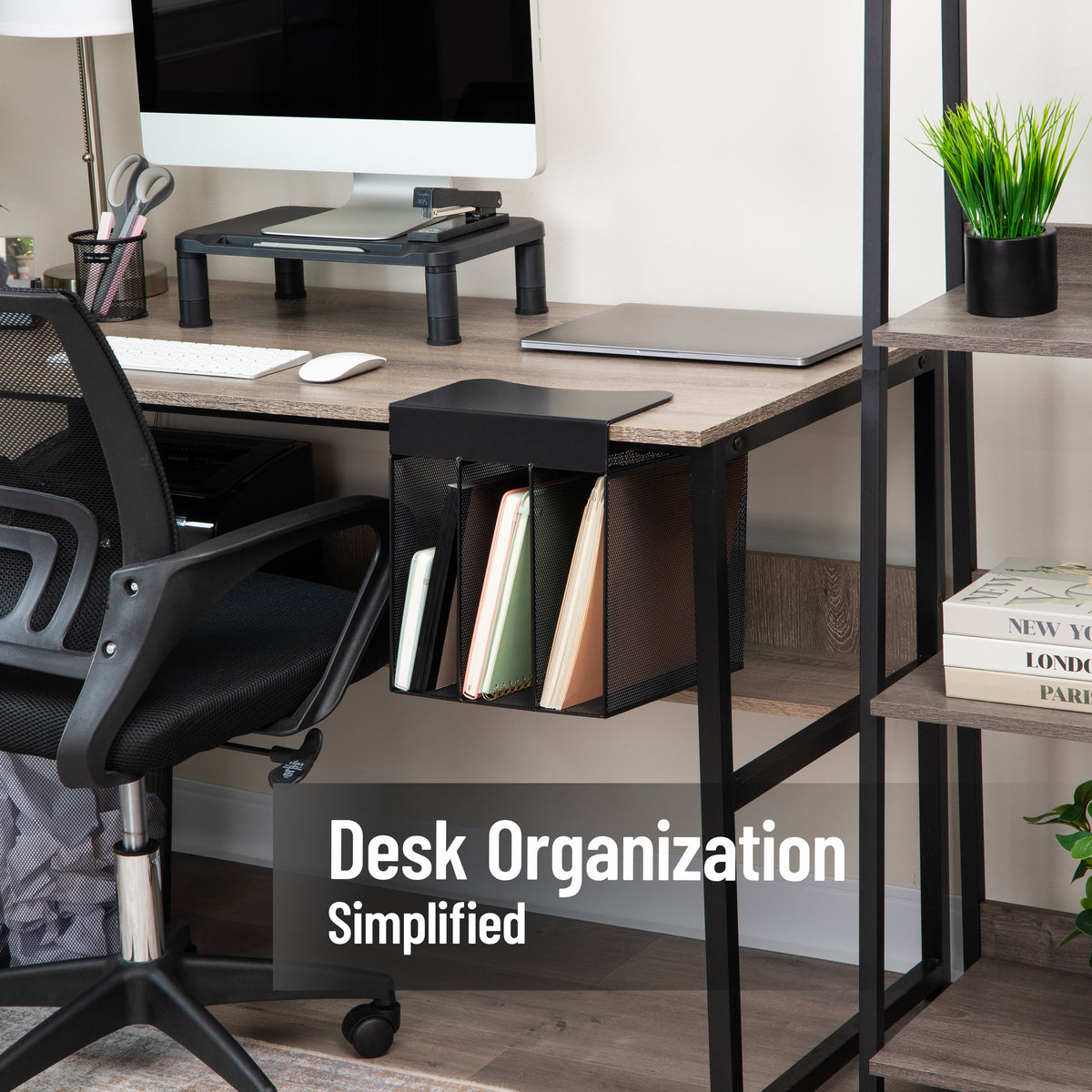 Mind Reader Slide-On Under Desk File Organizer, No Tools Required, Hanging Storage for Laptops, Folders, and Notebooks, Metal, Black