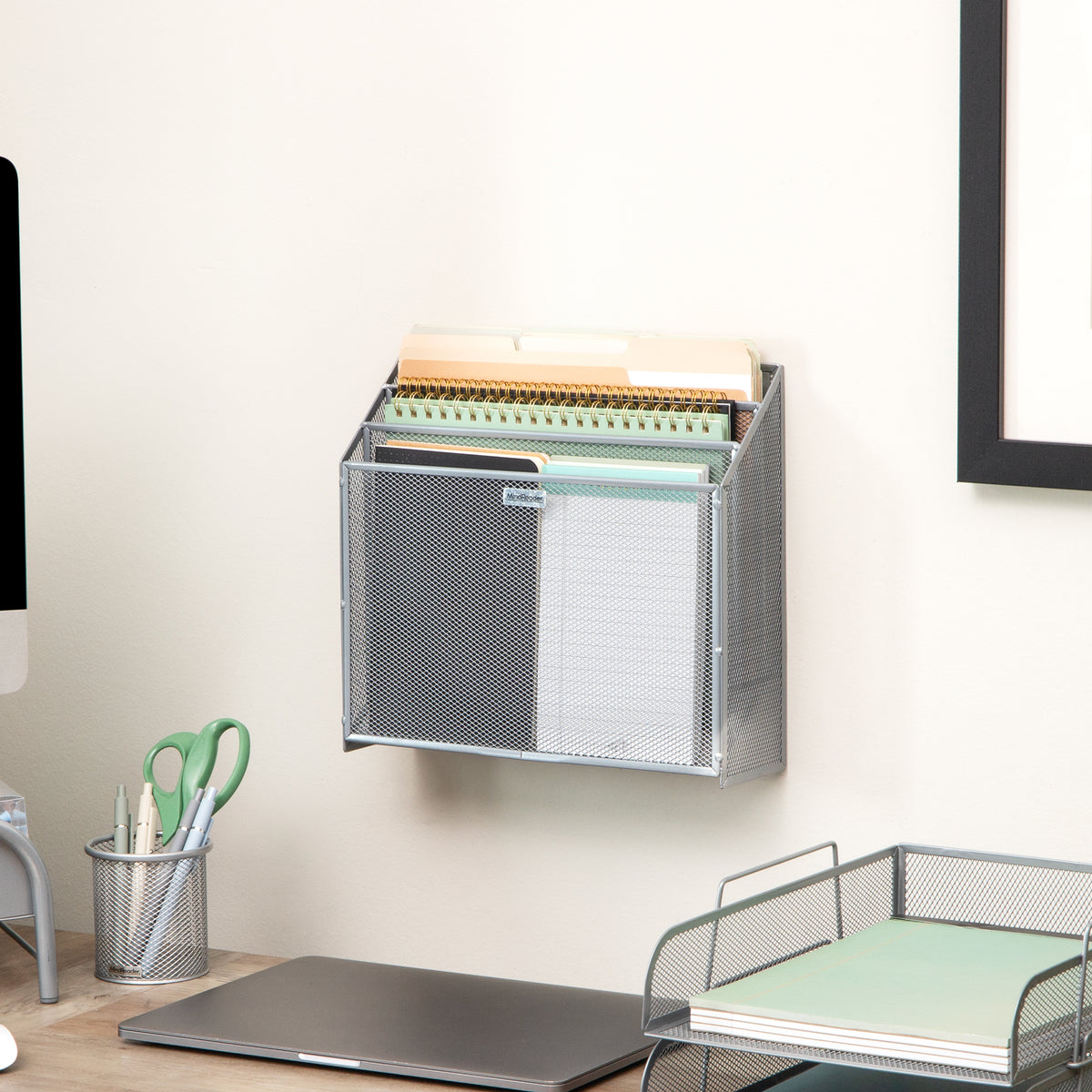 Mind Reader Vertical File Storage, Desktop Organizer, Wall Mount, Office, Metal Mesh, 12.5"L x 3.75"W x 11.5"H