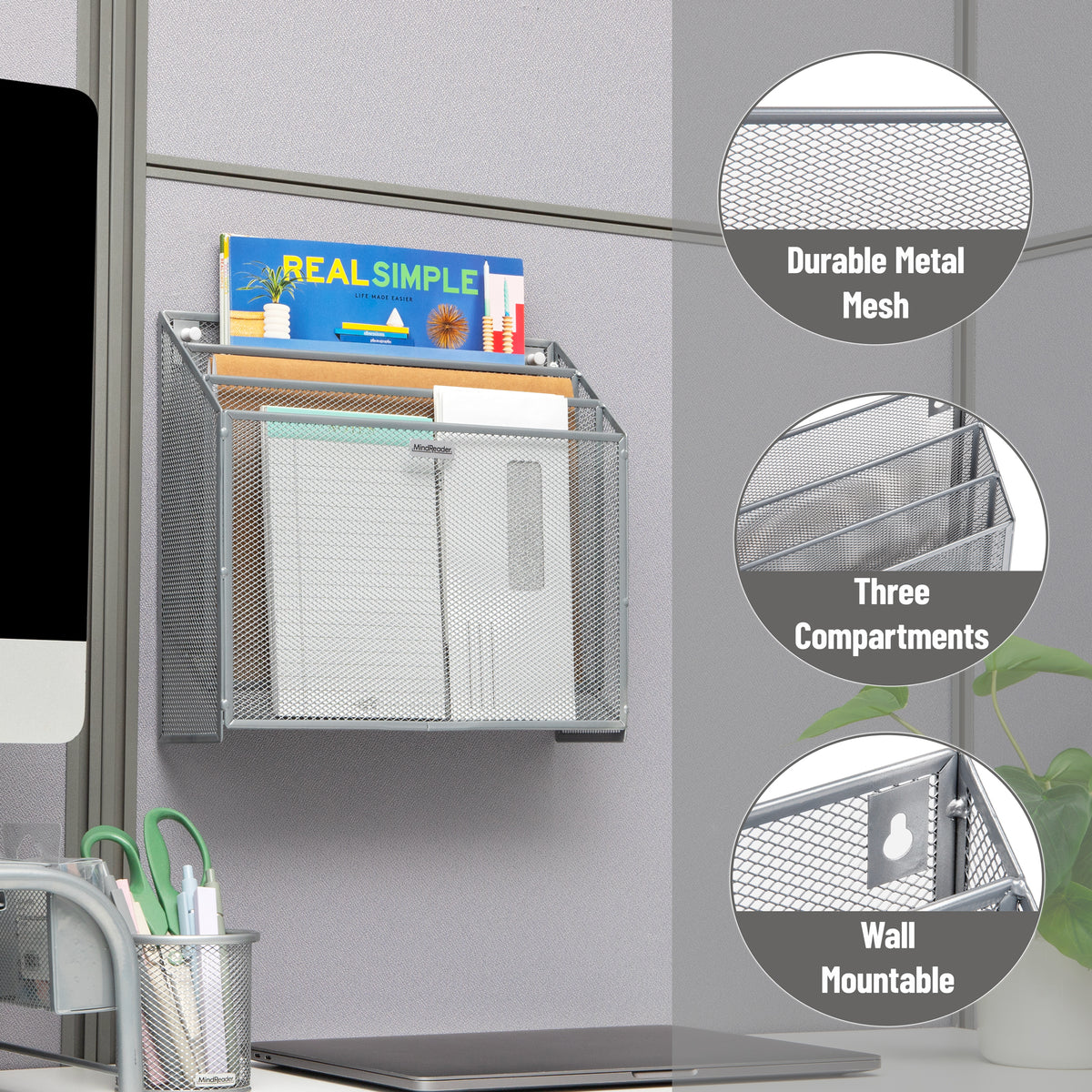 Mind Reader Vertical File Storage, Desktop Organizer, Wall Mount, Office, Metal Mesh, 12.5"L x 3.75"W x 11.5"H