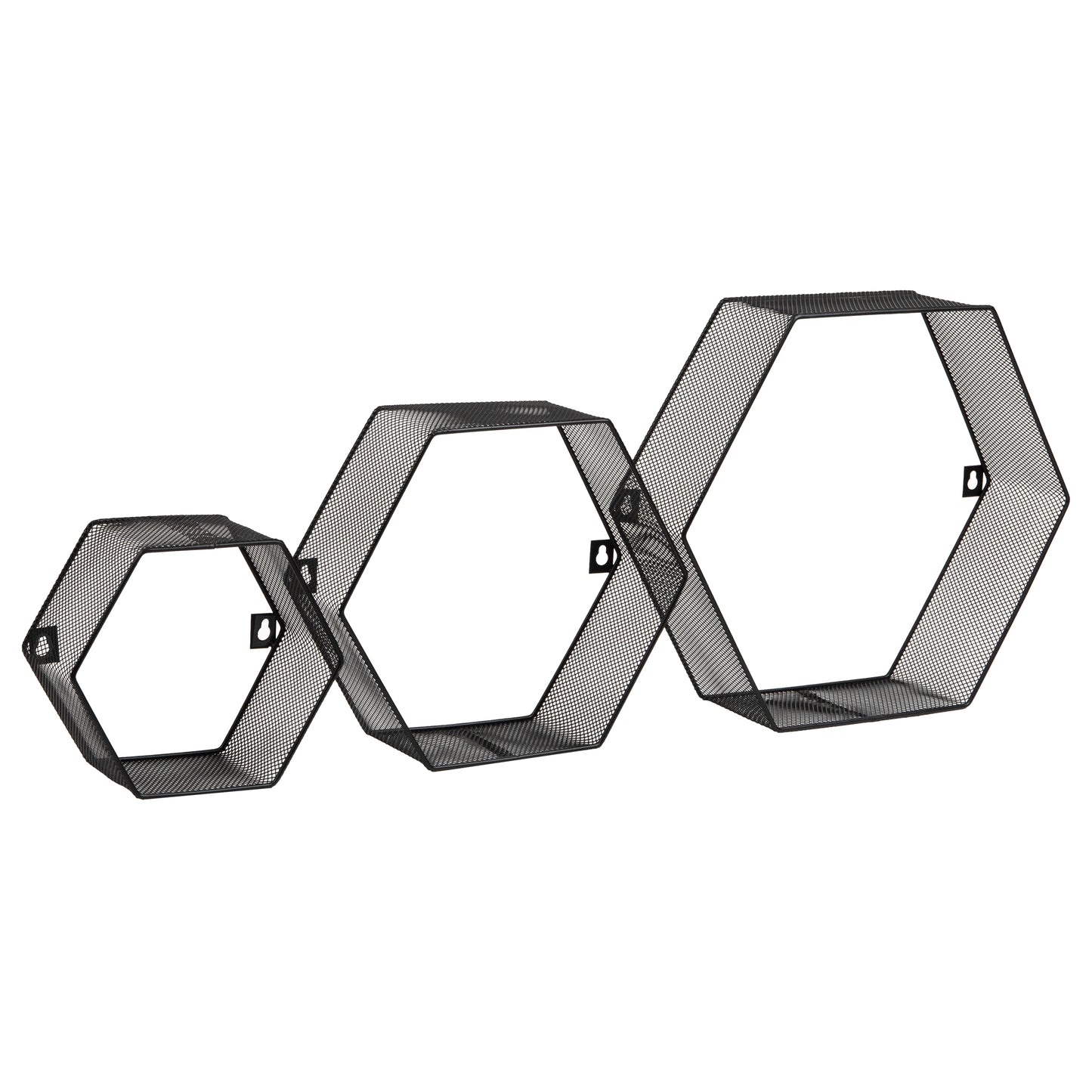 Mind Reader Hexagon Floating Shelves, Wall Decor, Honeycomb Accent Shelf, Office, Metal Mesh, 14"L x 4"W x 12"H, Set of 3