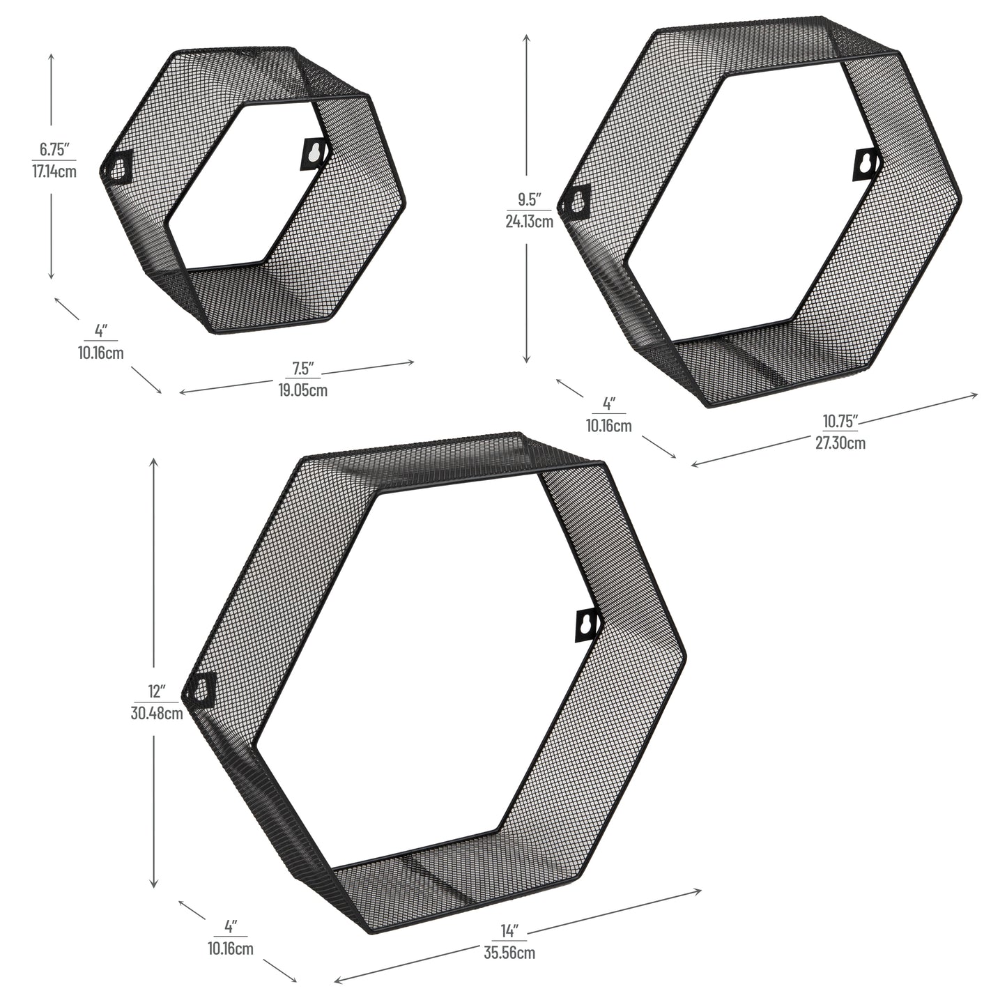 Mind Reader Hexagon Floating Shelves, Wall Decor, Honeycomb Accent Shelf, Office, Metal Mesh, 14"L x 4"W x 12"H, Set of 3