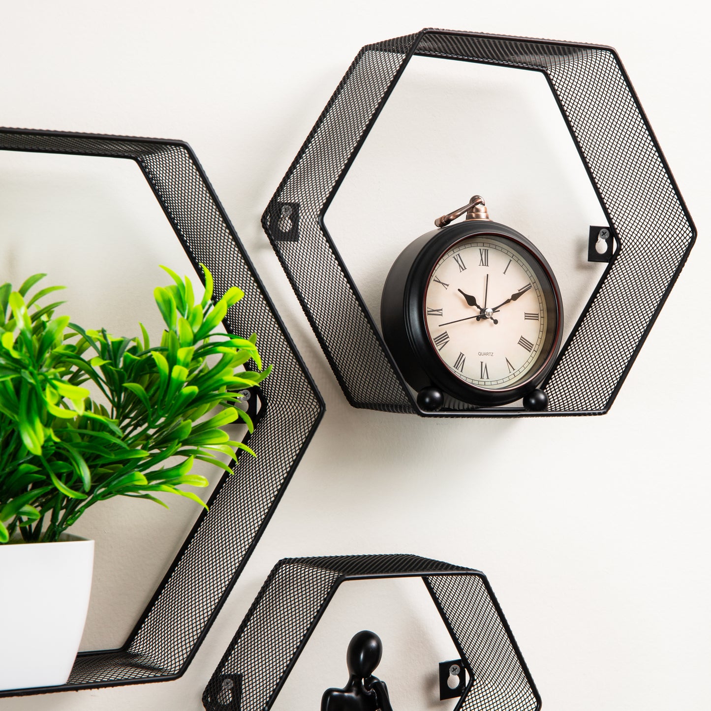 Mind Reader Hexagon Floating Shelves, Wall Decor, Honeycomb Accent Shelf, Office, Metal Mesh, 14"L x 4"W x 12"H, Set of 3