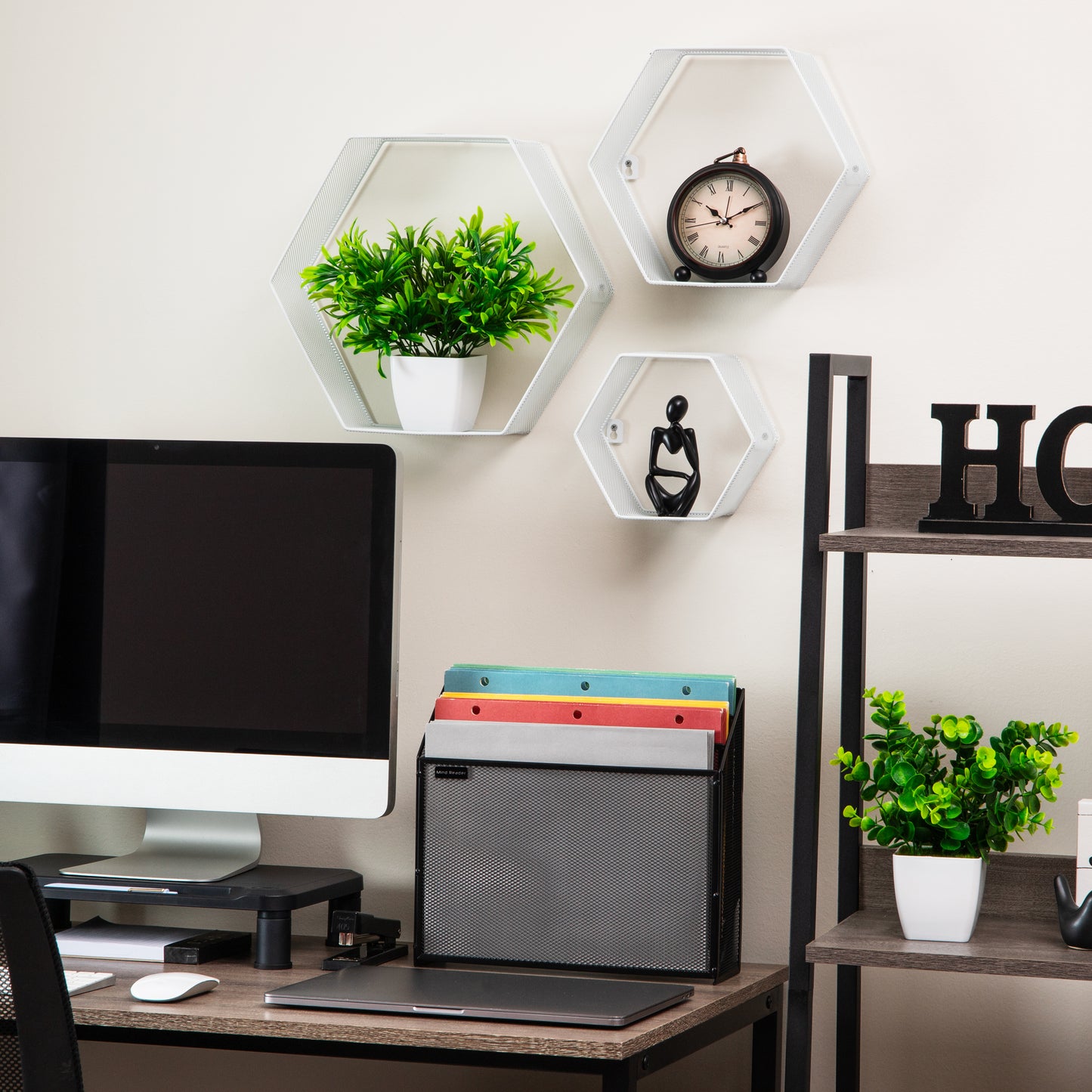 Mind Reader Hexagon Floating Shelves, Wall Decor, Honeycomb Accent Shelf, Office, Metal Mesh, 14"L x 4"W x 12"H, Set of 3
