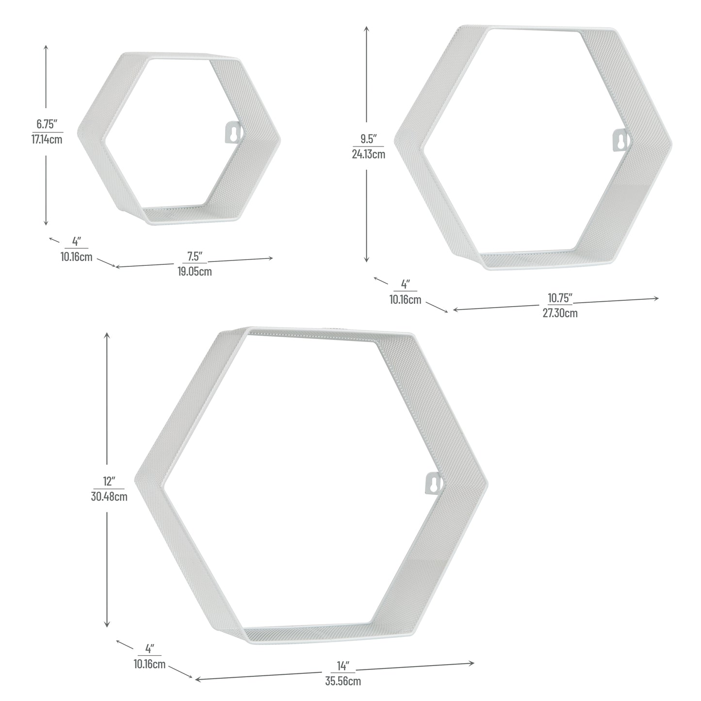 Mind Reader Hexagon Floating Shelves, Wall Decor, Honeycomb Accent Shelf, Office, Metal Mesh, 14"L x 4"W x 12"H, Set of 3