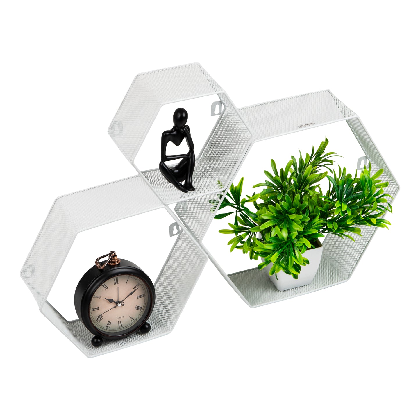 Mind Reader Hexagon Floating Shelves, Wall Decor, Honeycomb Accent Shelf, Office, Metal Mesh, 14"L x 4"W x 12"H, Set of 3