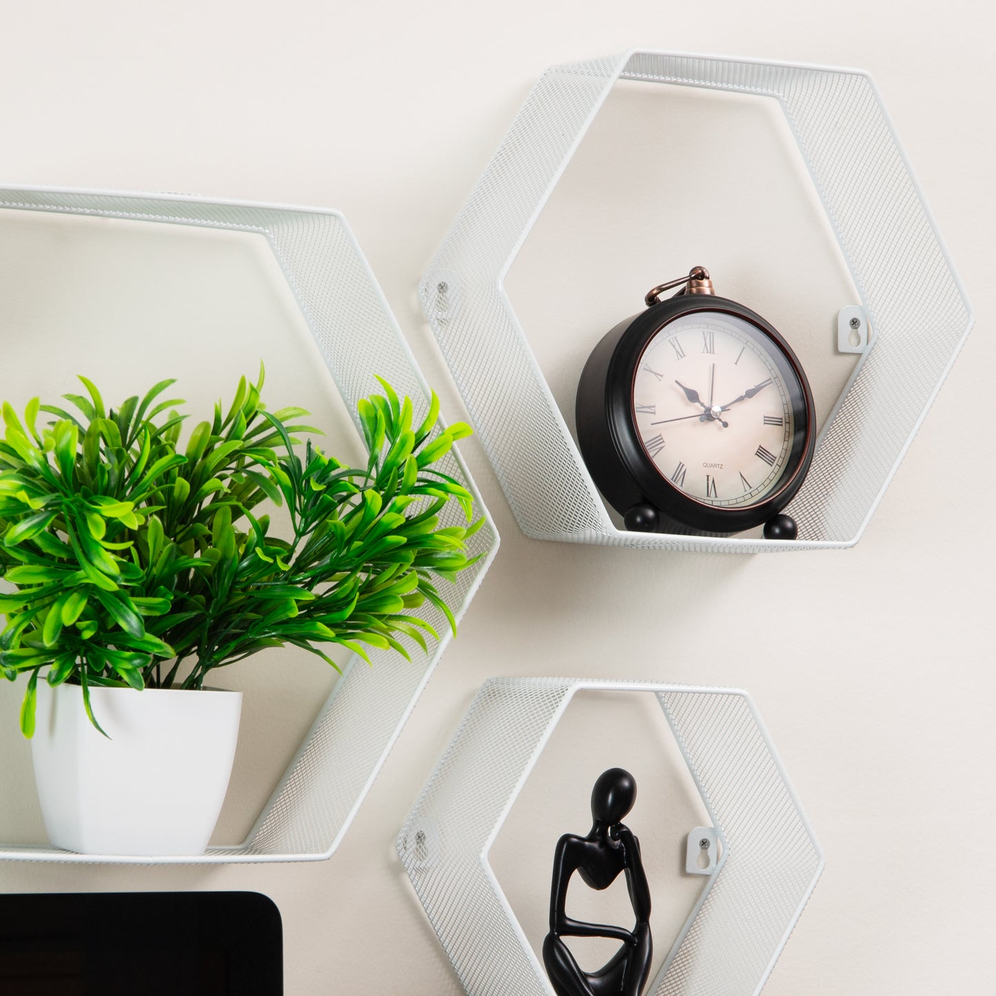 Mind Reader Hexagon Floating Shelves, Wall Decor, Honeycomb Accent Shelf, Office, Metal Mesh, 14"L x 4"W x 12"H, Set of 3