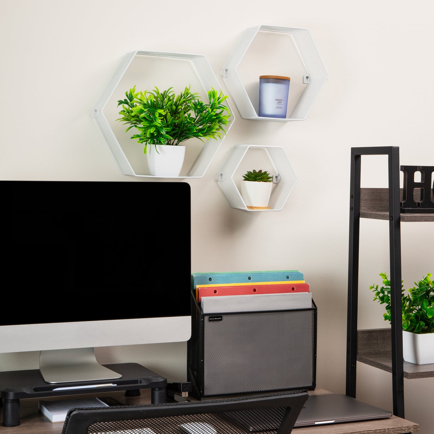 Mind Reader Hexagon Floating Shelves, Wall Decor, Honeycomb Accent Shelf, Office, Metal Mesh, 14"L x 4"W x 12"H, Set of 3