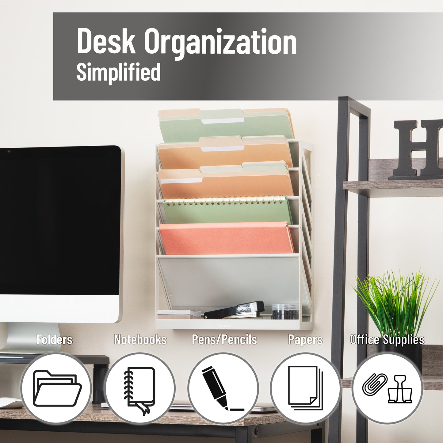 Mind Reader 5-Tier Vertical File Storage, Desktop Organizer, Wall Mount, Office, Plastic, 13"L x 4.25"W x 16"H