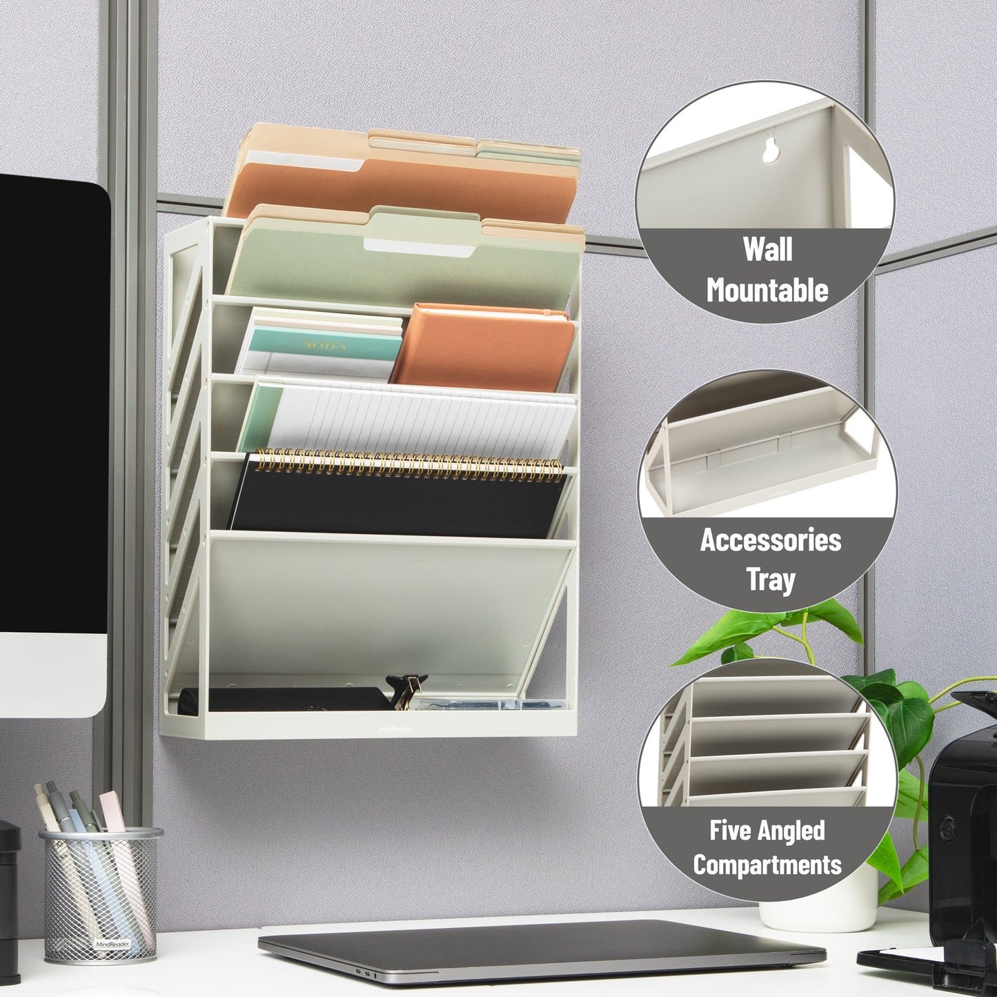 Mind Reader 5-Tier Vertical File Storage, Desktop Organizer, Wall Mount, Office, Plastic, 13"L x 4.25"W x 16"H