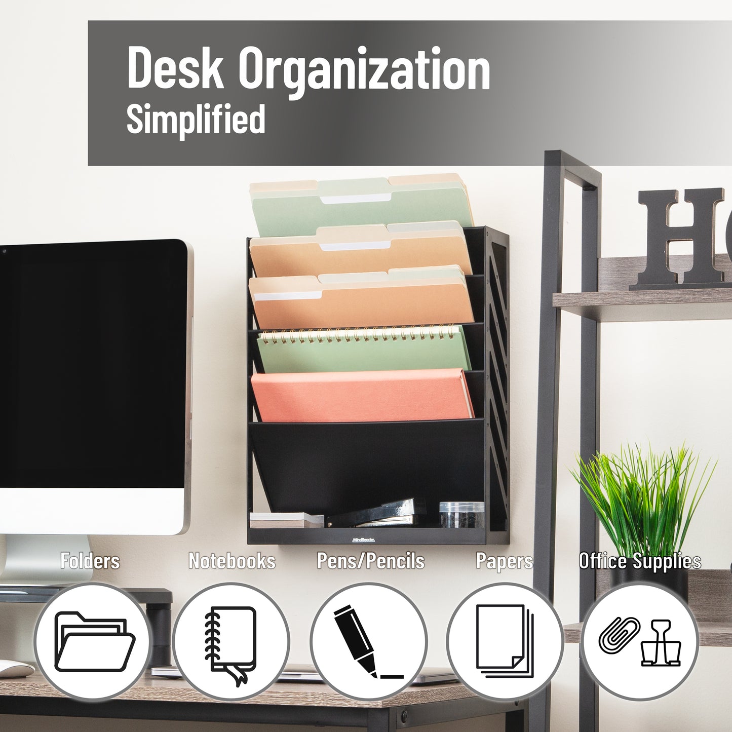 Mind Reader 5-Tier Vertical File Storage, Desktop Organizer, Wall Mount, Office, Plastic, 13"L x 4.25"W x 16"H