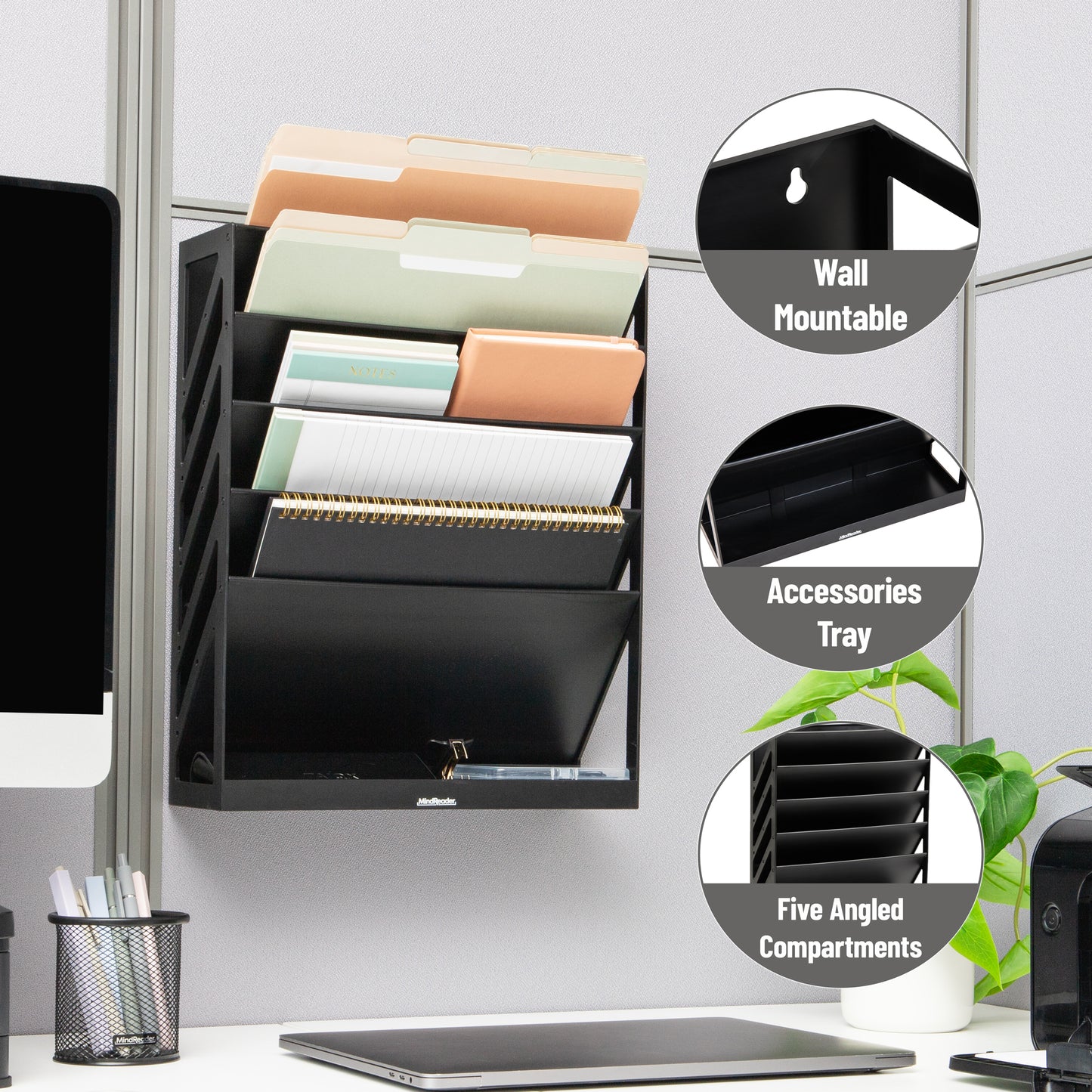 Mind Reader 5-Tier Vertical File Storage, Desktop Organizer, Wall Mount, Office, Plastic, 13"L x 4.25"W x 16"H