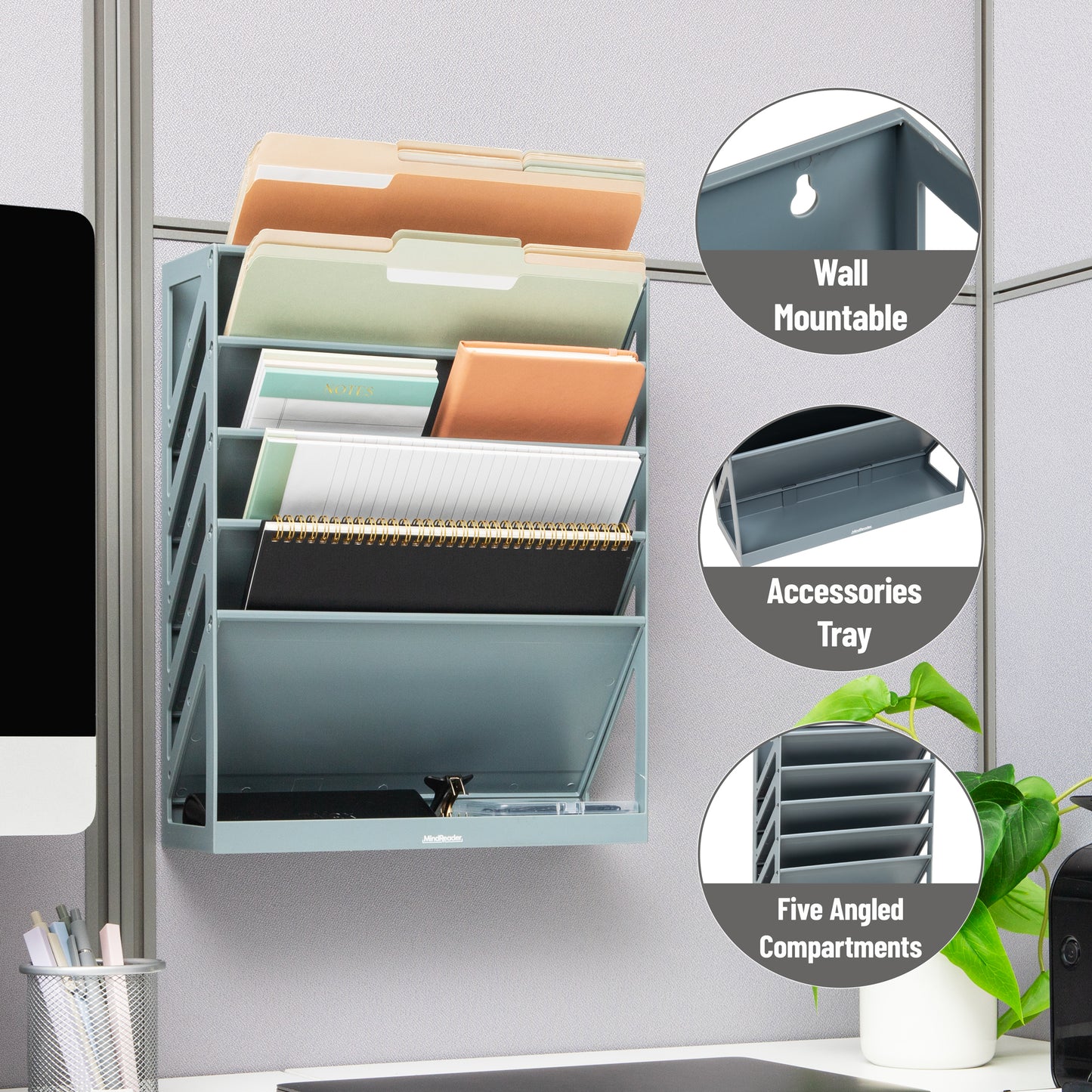 Mind Reader 5-Tier Vertical File Storage, Desktop Organizer, Wall Mount, Office, Plastic, 13"L x 4.25"W x 16"H