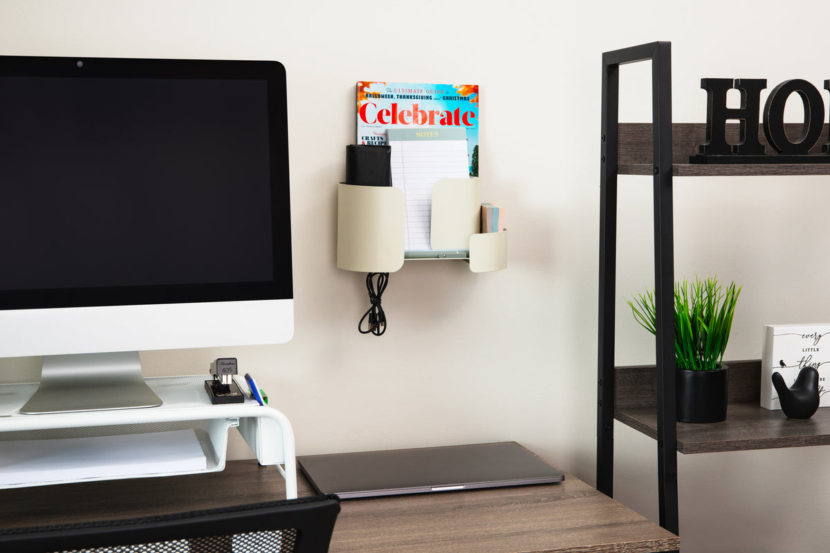 Mind Reader Metal Wall-Mounted Shelf with Hooks, Tan