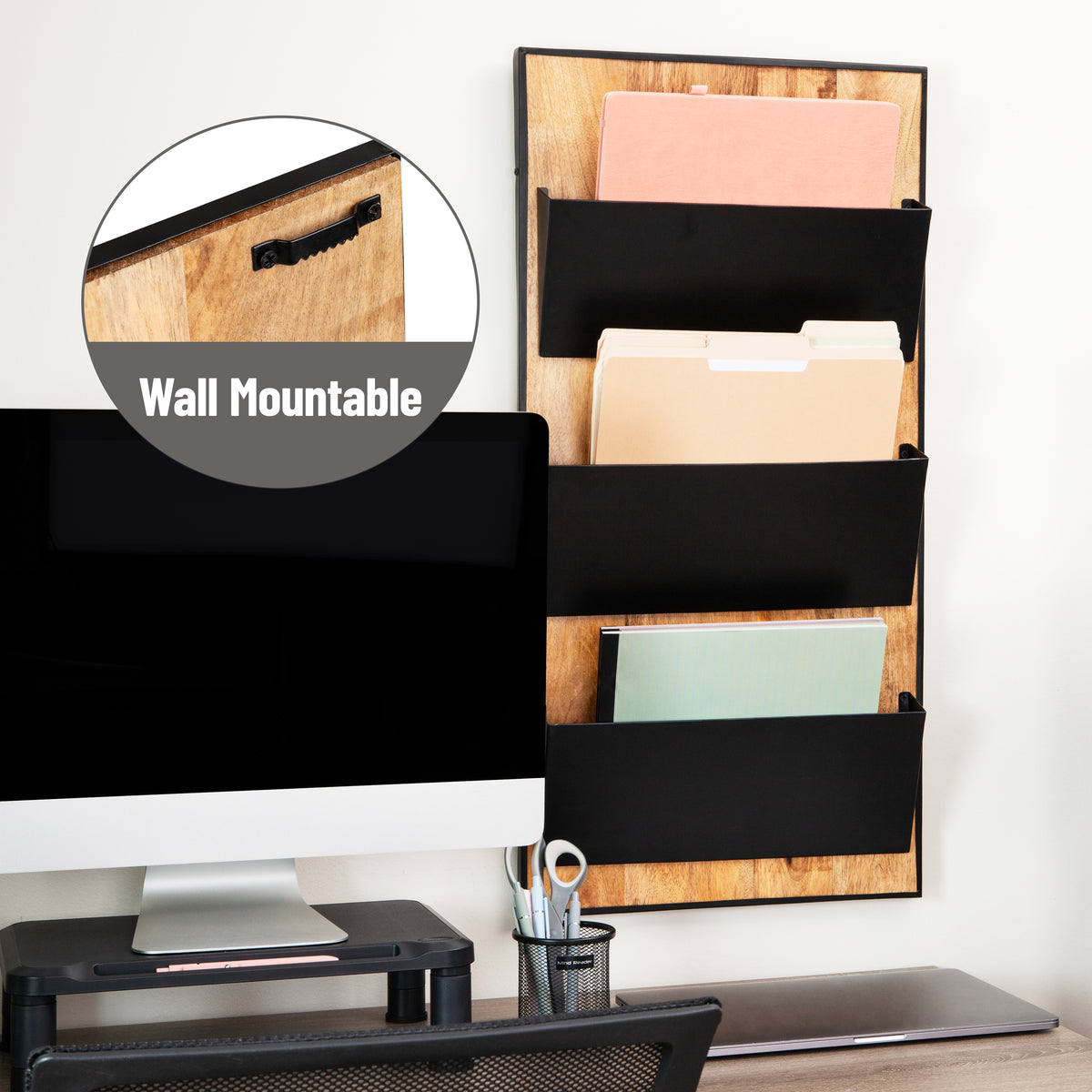 Mind Reader 3-Tier Wall-Mounted File Organizer, Wood and Metal Vertical Rack for Mail, Magazines, and Documents, Black