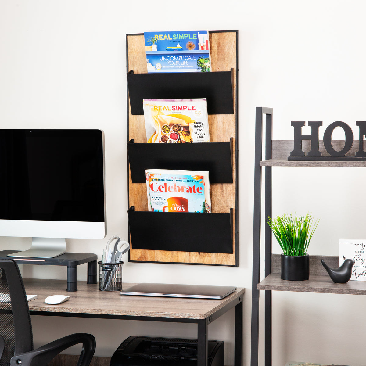 Mind Reader 3-Tier Wall-Mounted File Organizer, Wood and Metal Vertical Rack for Mail, Magazines, and Documents, Black