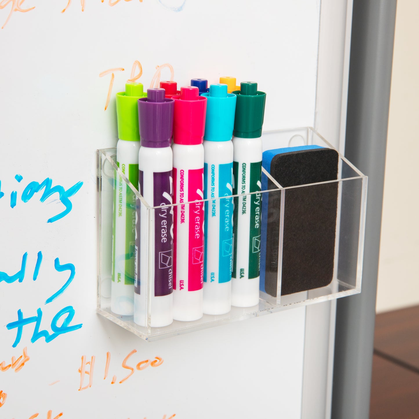 Mind Reader Clear Dry Erase Marker and Eraser Holder, Acrylic Magnetic Whiteboard Organizer, 2-Compartment, Desktop or Wall Mount, Clear