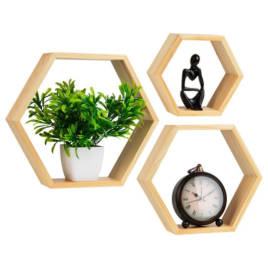 Mind Reader Hexagon Floating Shelves, Set of 3, Wall Decor, Honeycomb Accent Shelf, Cabinet Organizer, Office, Bamboo, 13.75"L x 3.125"W x 12"H, Brown