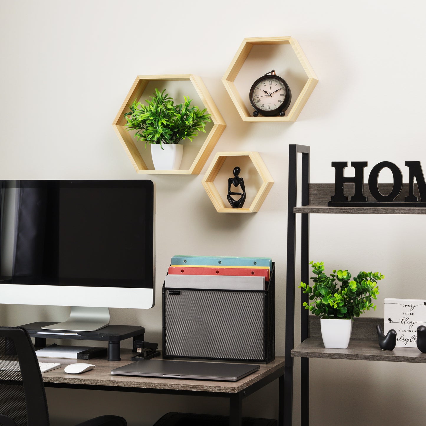 Mind Reader Hexagon Floating Shelves, Set of 3, Wall Decor, Honeycomb Accent Shelf, Cabinet Organizer, Office, Bamboo, 13.75"L x 3.125"W x 12"H, Brown