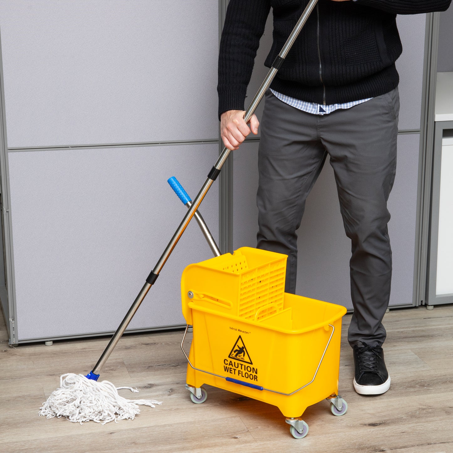 Mind Reader Mop and Bucket Set with Wringer, Mop Included, 5.5 Gallon Cleaning System with Wheels, Upward Press Wringer, Small Mop Compatible, Yellow