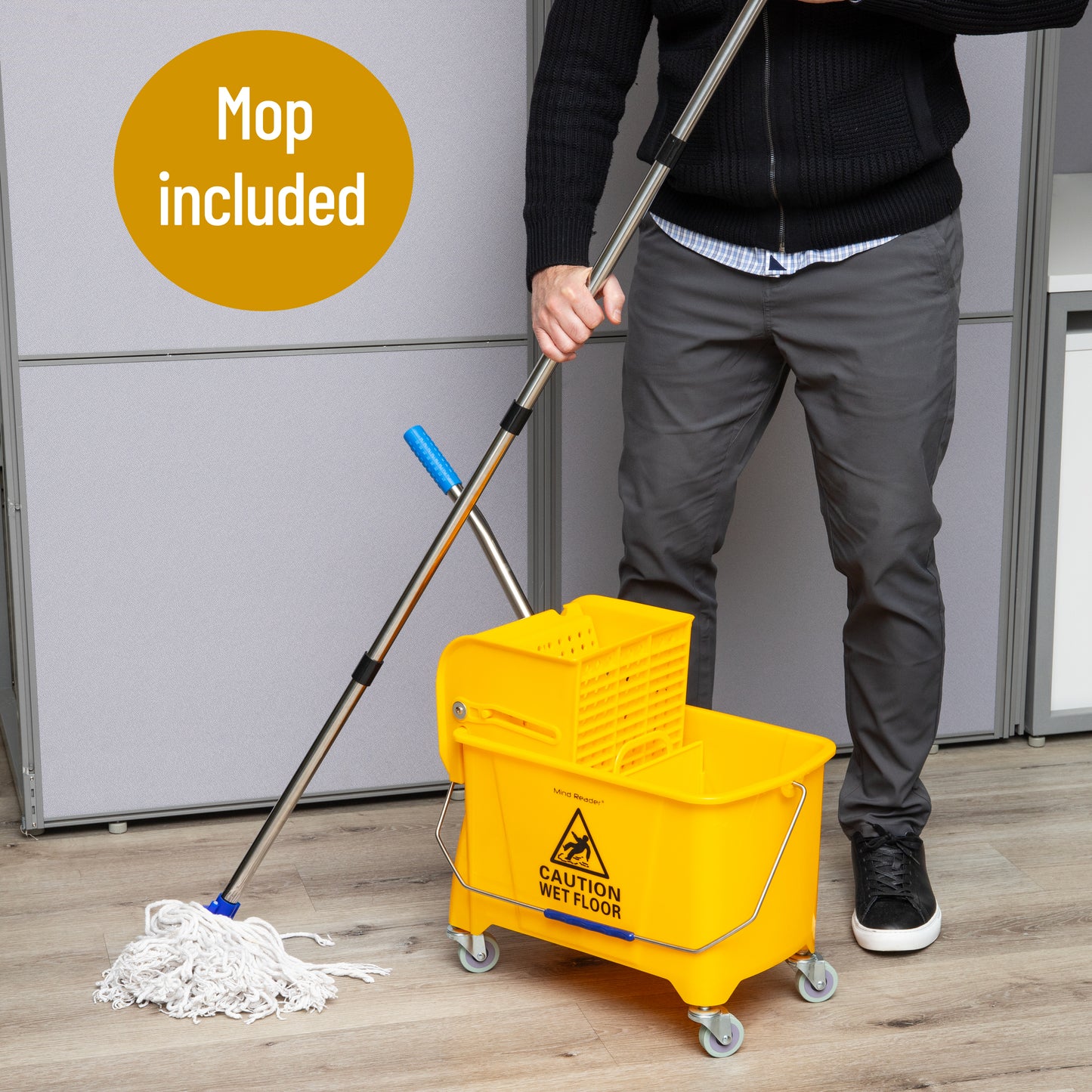 Mind Reader Mop and Bucket Set with Wringer, Mop Included, 5.5 Gallon Cleaning System with Wheels, Upward Press Wringer, Small Mop Compatible, Yellow